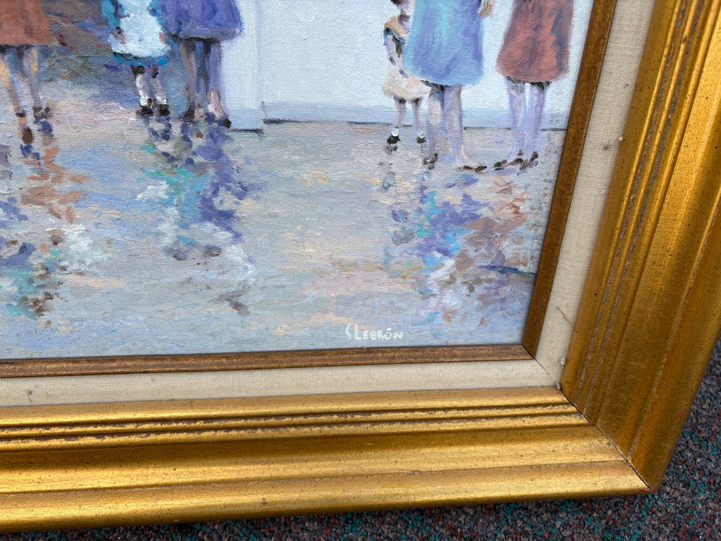 68041 Vintage Framed Painting of Museum Scene in Gold Frame