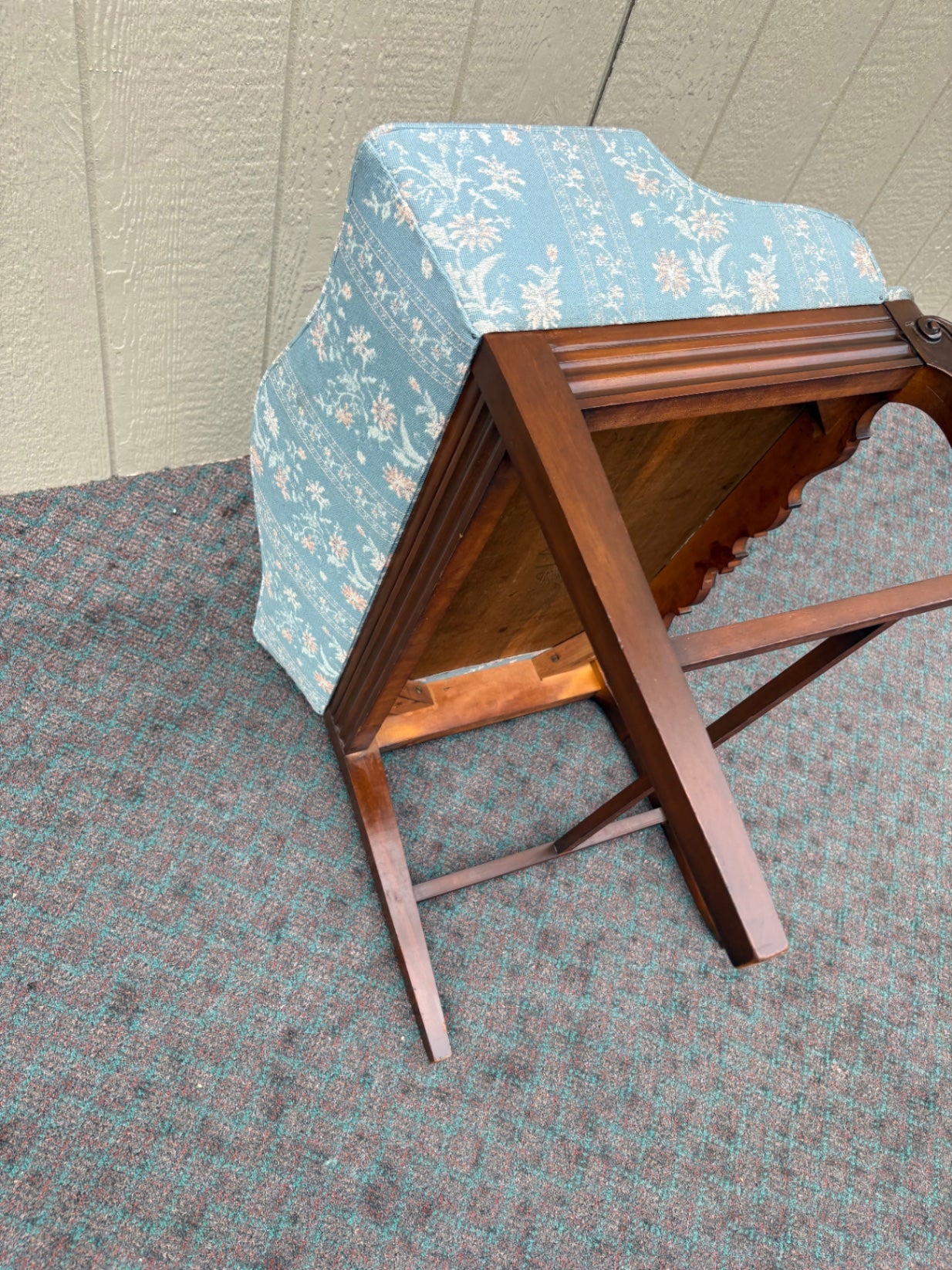 Vintage Carved Mahogany Vanity Bench with Blue Floral Upholstery