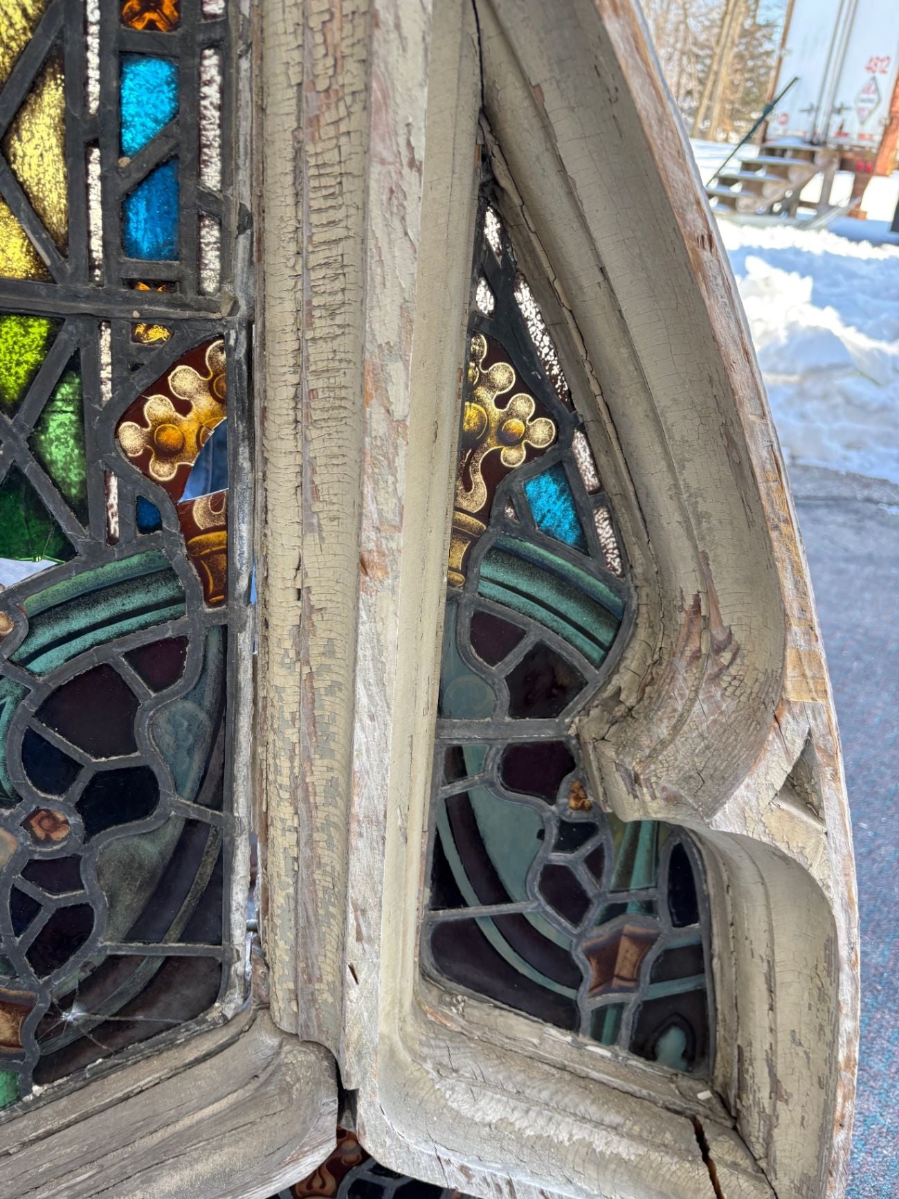 67488 Gothic Arched Stained Glass Window with Wooden Frame