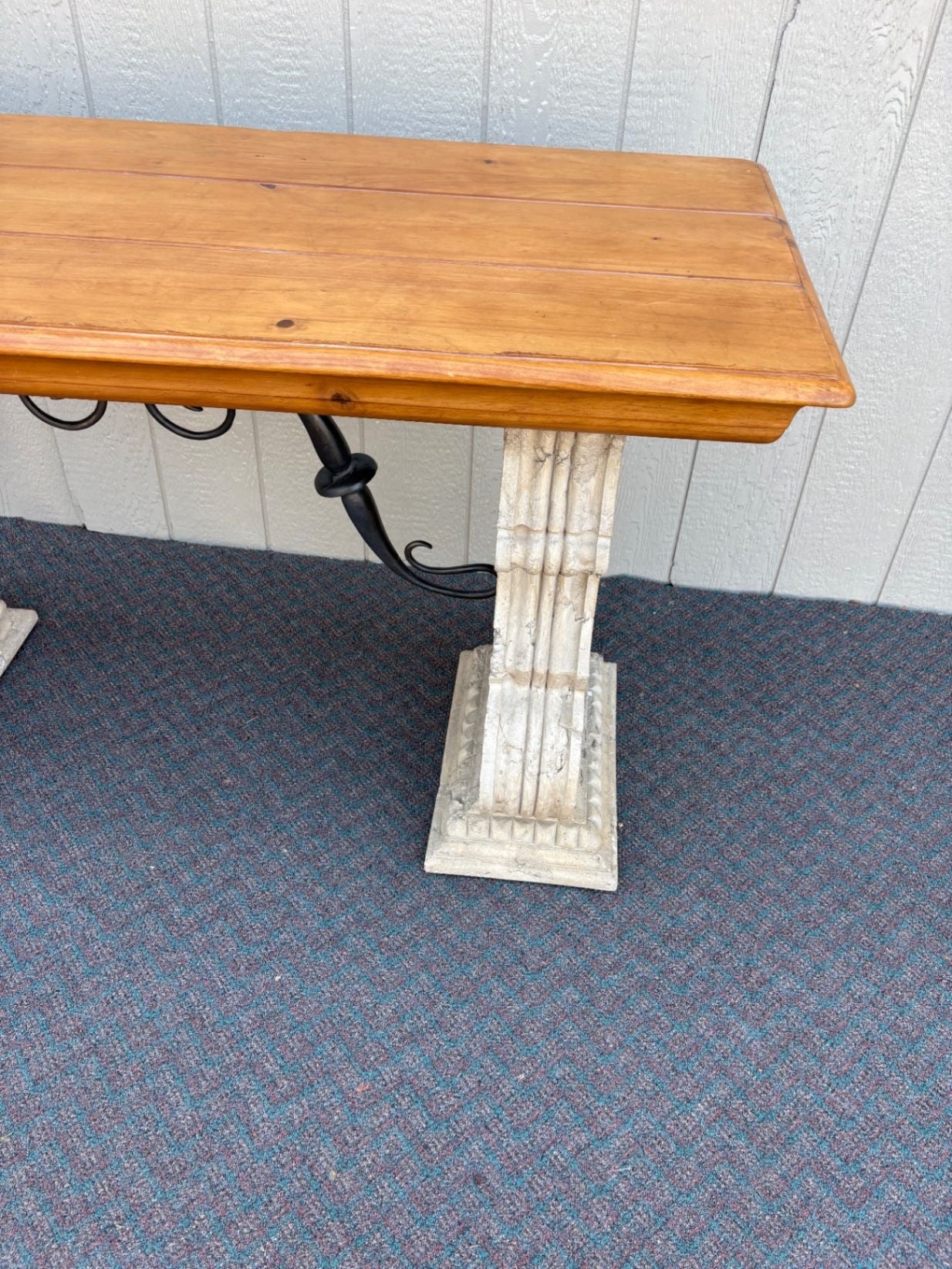 67646  Rustic Console Table with Carved Stone Base and Iron Accents