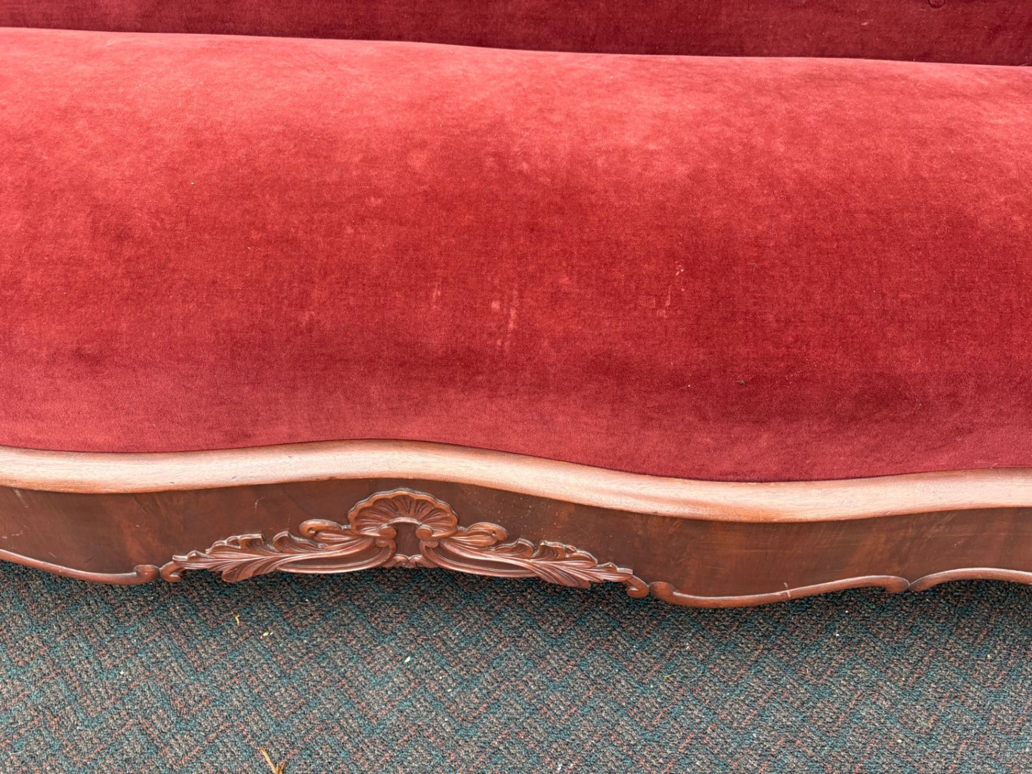 67490  Antique Empire Sofa with Red Velvet Upholstery and Carved Wood