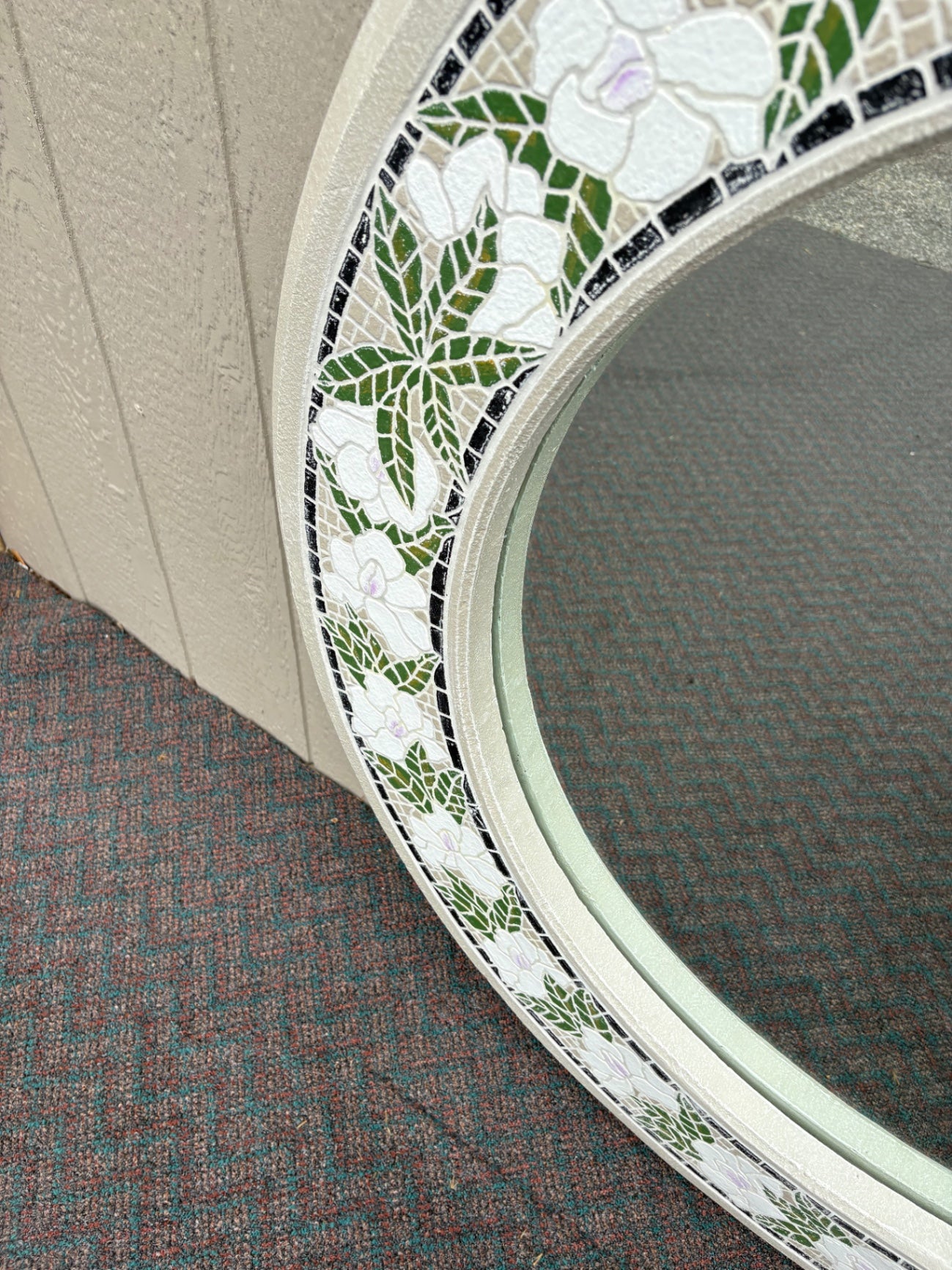 67830 Large Round Floral Mosaic Wall Mirror with White and Green Accents