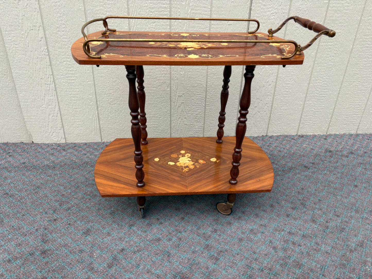 Italian Inlaid Wood Bar Cart with Floral Marquetry and Brass Accents