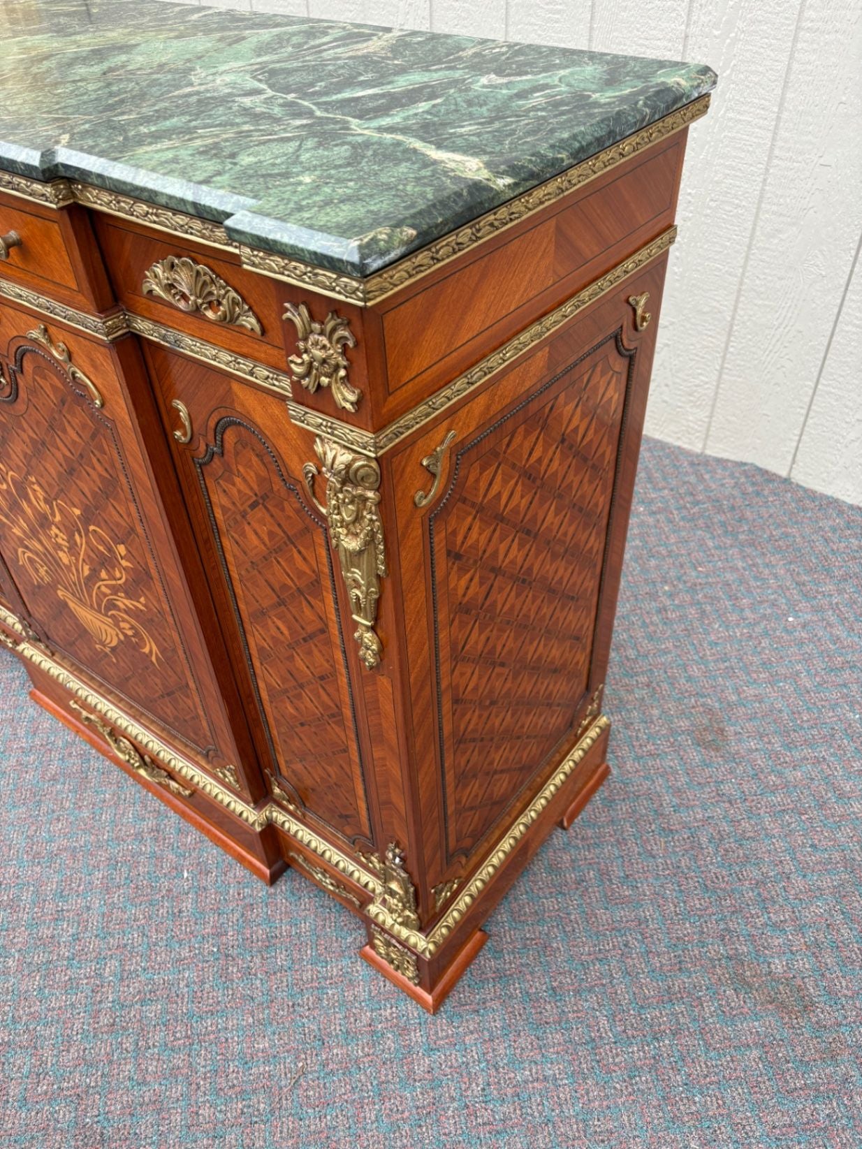 67520 Ornate French Style Marble Top Sideboard with Inlay and Gilt Details