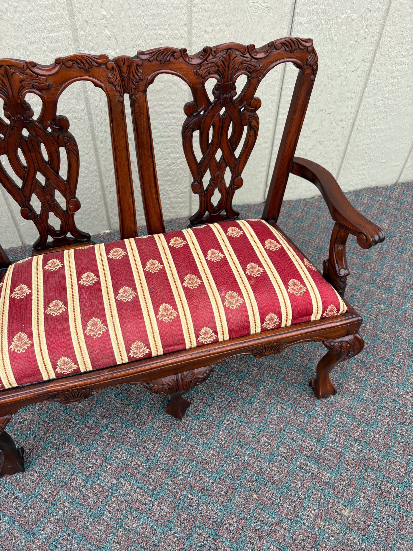 67699 Miniature Chippendale Loveseat with Carved Mahogany and Upholstery