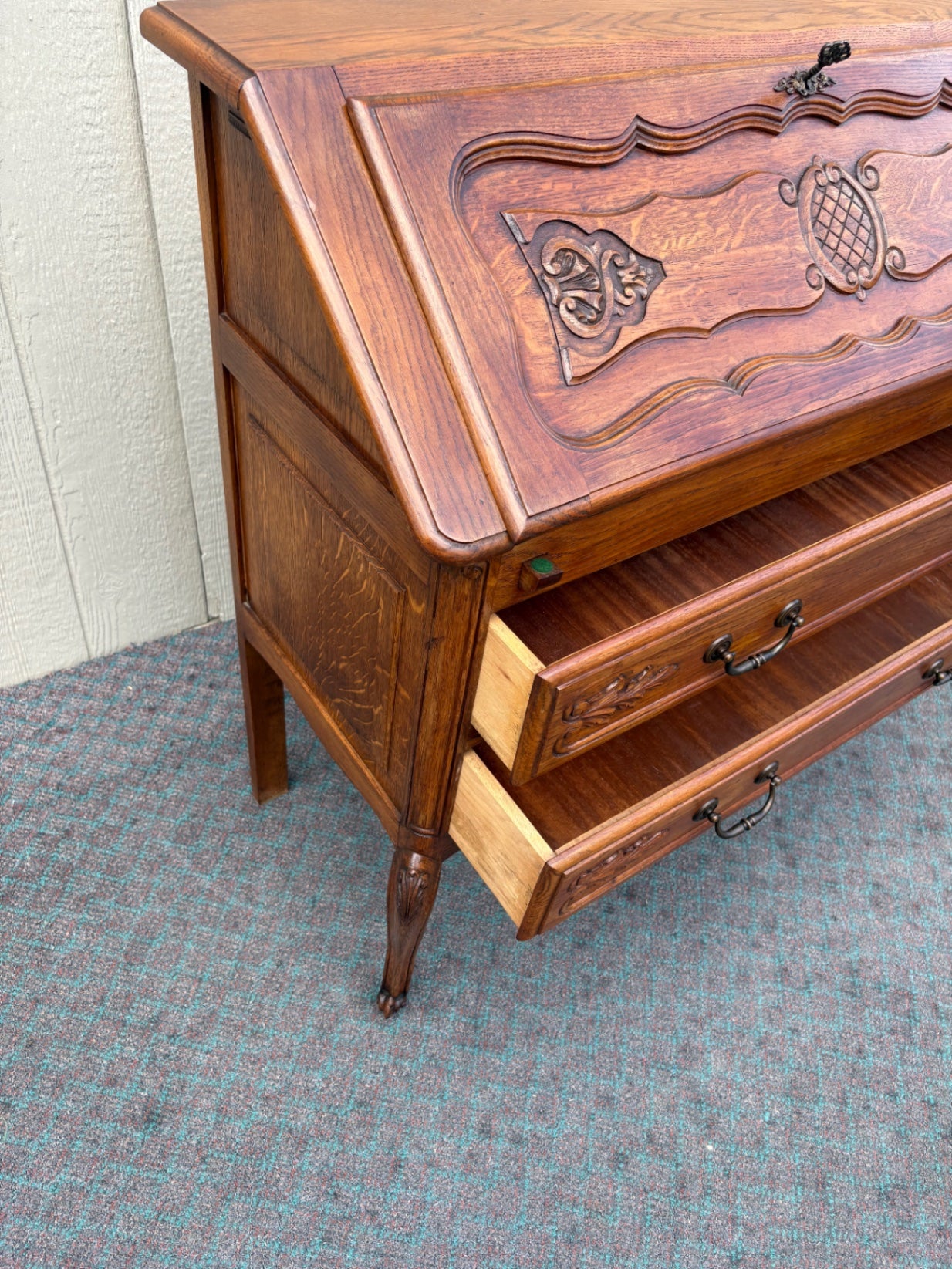 68097 Vintage French Provincial Oak Slant Front Desk with Carved Details