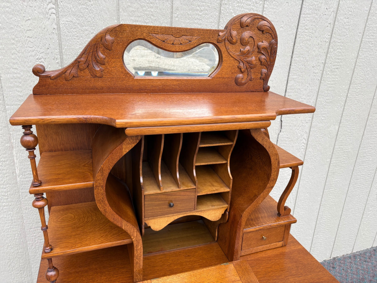 68144 Victorian Oak Davenport Desk with Carved Details and Mirror