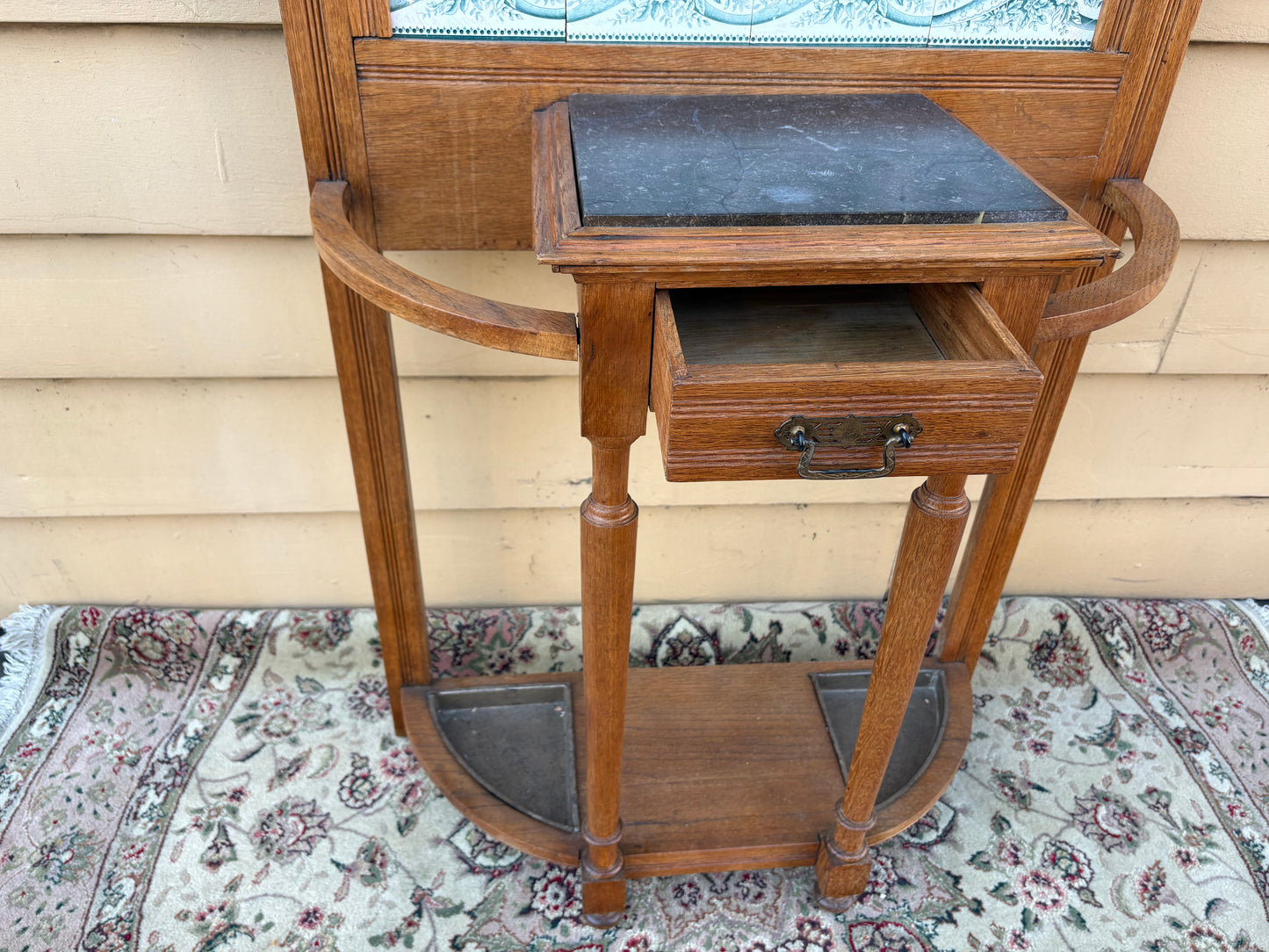 67781 Victorian Oak Hall Tree with Mirror and Marble Top Stand