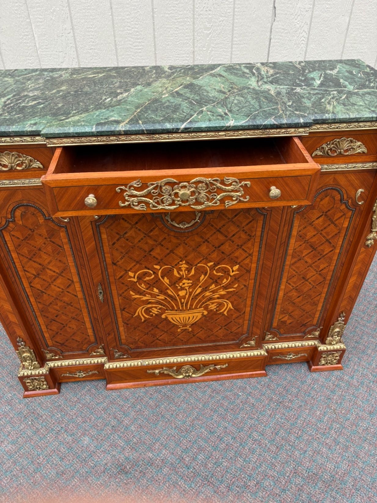 67520 Ornate French Style Marble Top Sideboard with Inlay and Gilt Details