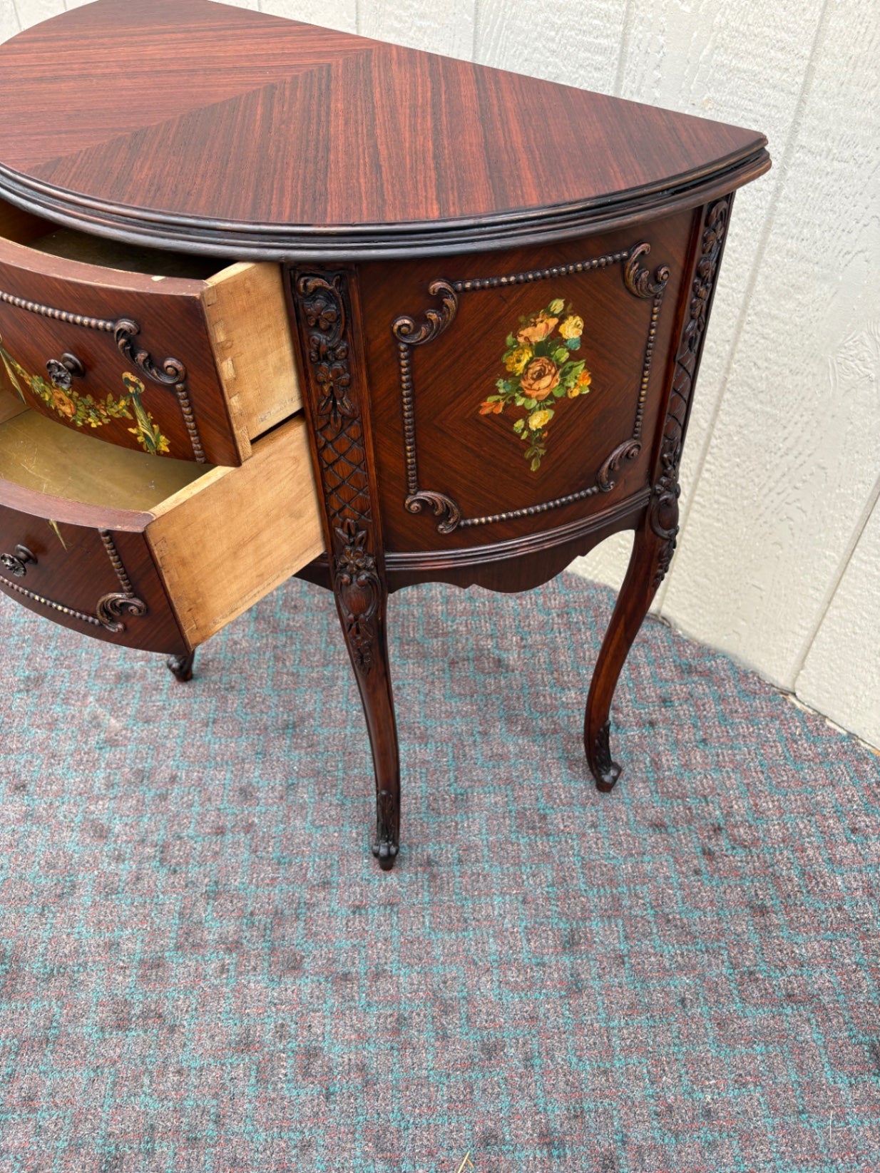 67966 Hand-Painted Demilune Chest with Floral Accents, Mahogany Finish