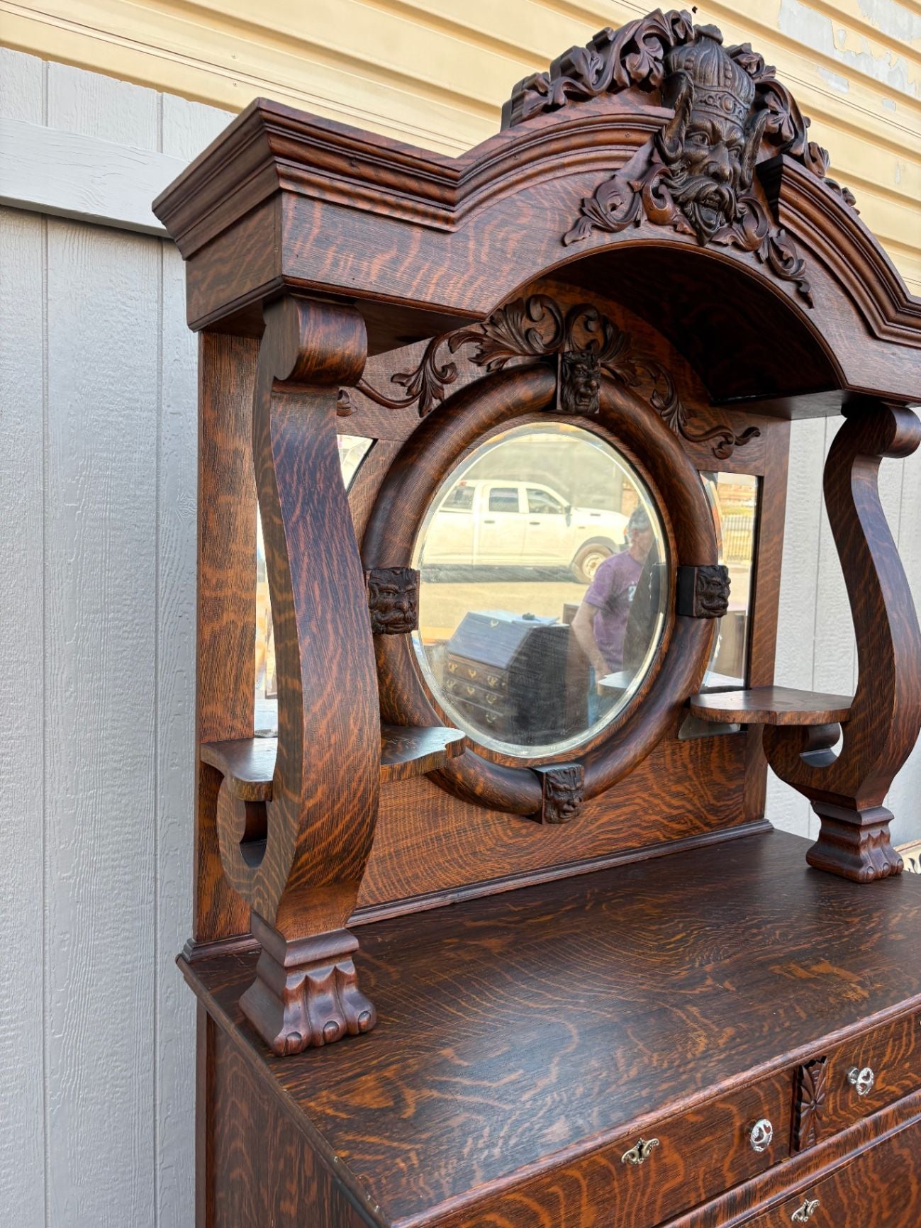 67417 Victorian Tiger Oak Sideboard with Figural Carvings and Mirror
