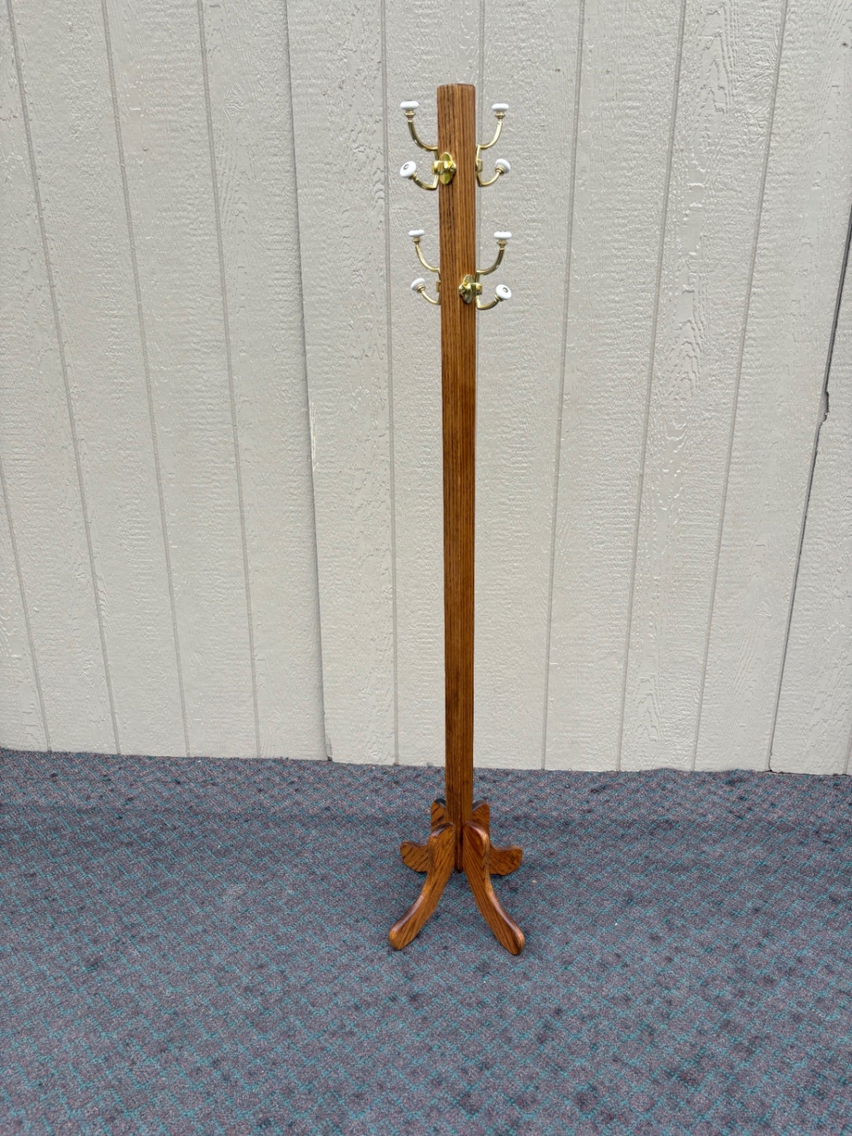 68113  Vintage Oak Coat Tree with Brass Hooks and Ceramic Accents