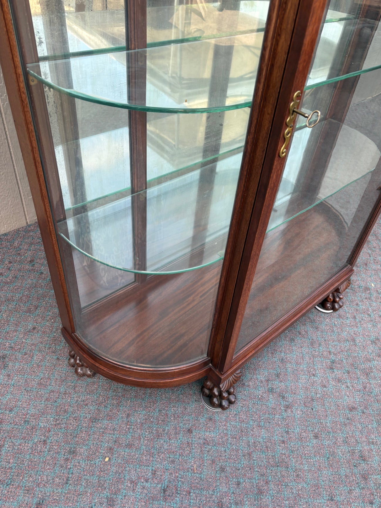 68015 Antique Bow Glass China Cabinet with Carved Mahogany Details