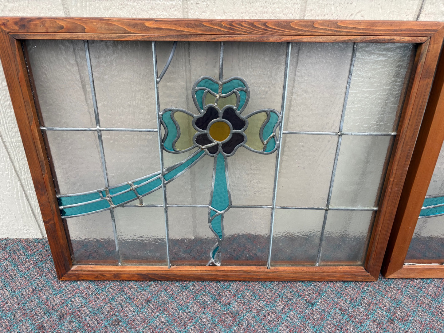 67906 PAIR  of Vintage Stained Glass Windows with Floral Design