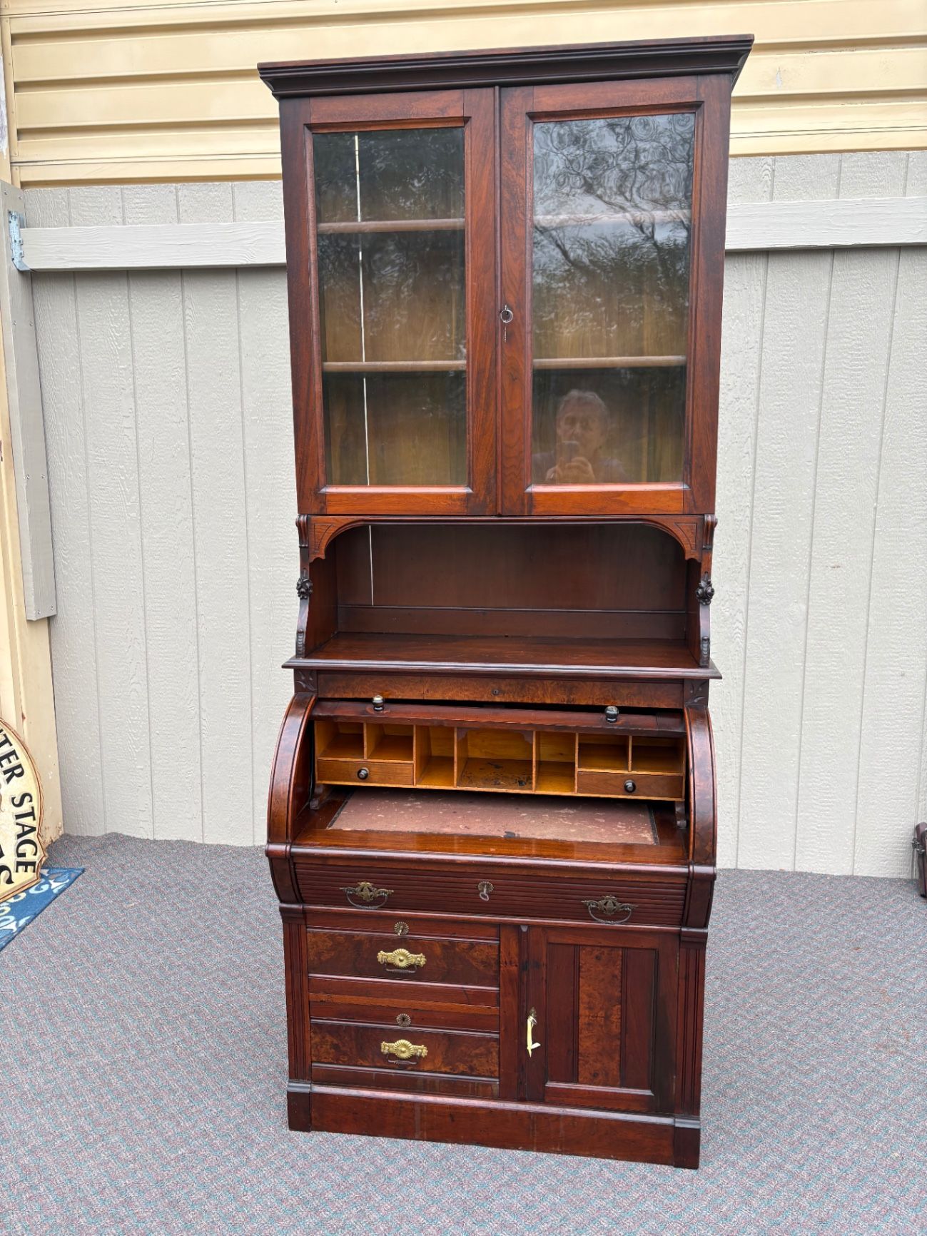 67689  Victorian Cylinder Secretary Desk with Glass Cabinet Top
