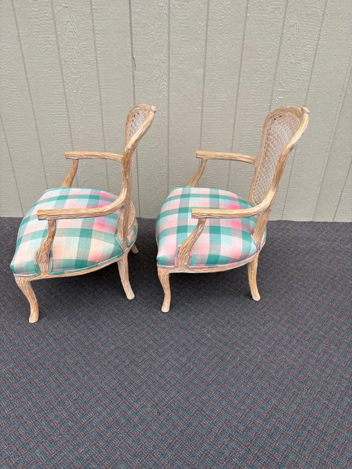 67549 Pair of French Provincial Caned Armchairs with Plaid Upholstery