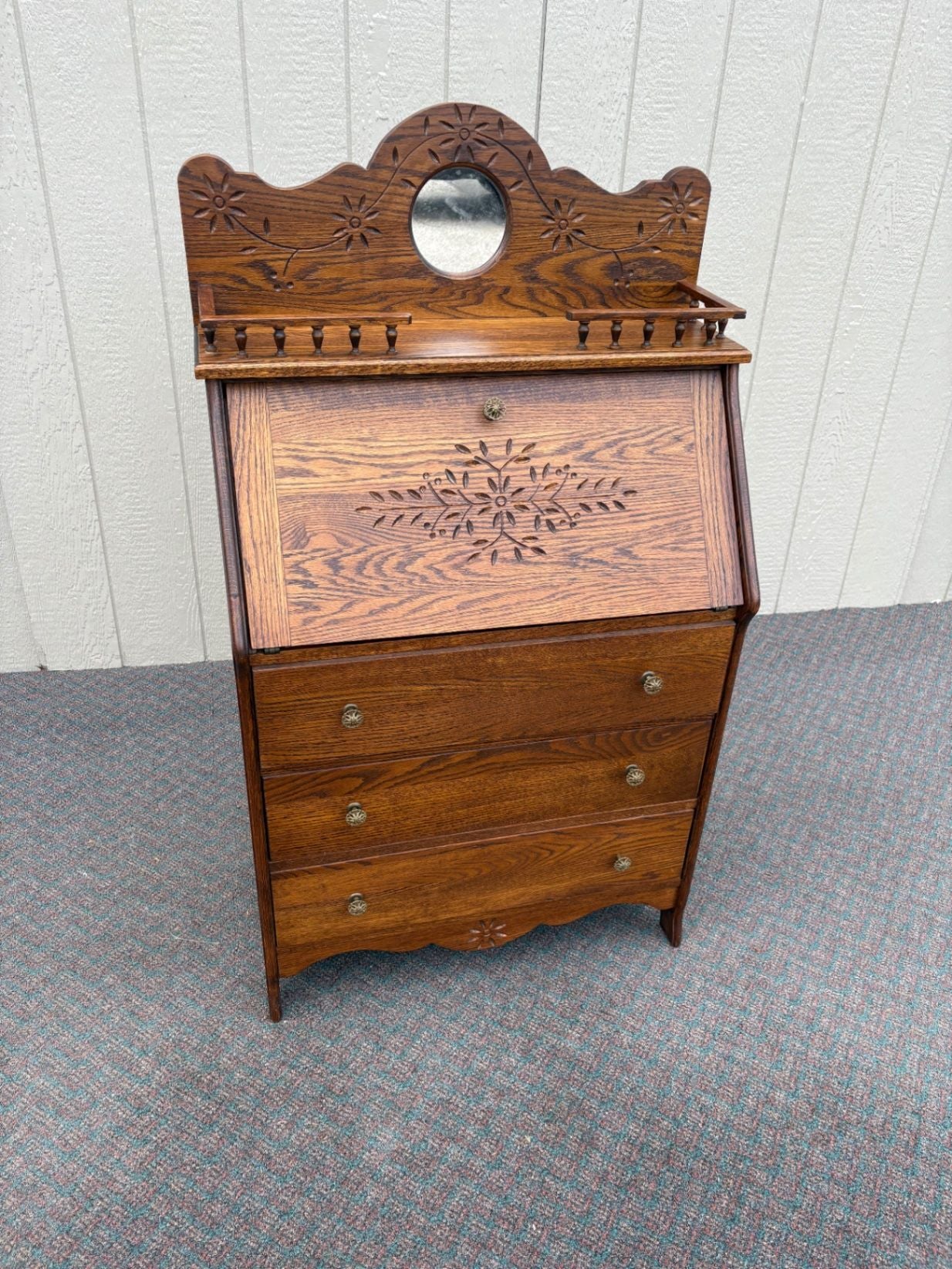 67561 Antique Oak Slant Front Desk with Mirror and Carved Details