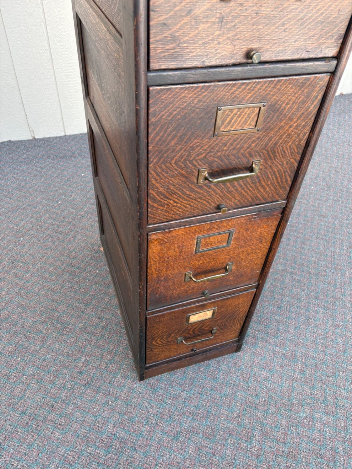 67307 Antique Oak File Cabinet with Four Drawers and Brass Hardware
