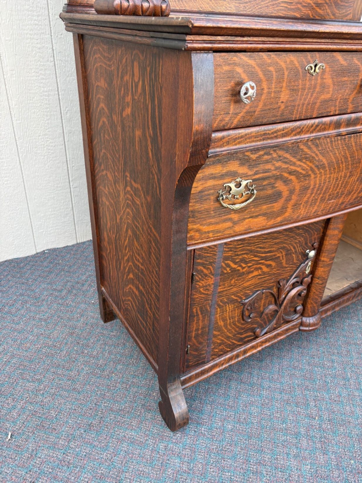 67417 Victorian Tiger Oak Sideboard with Figural Carvings and Mirror