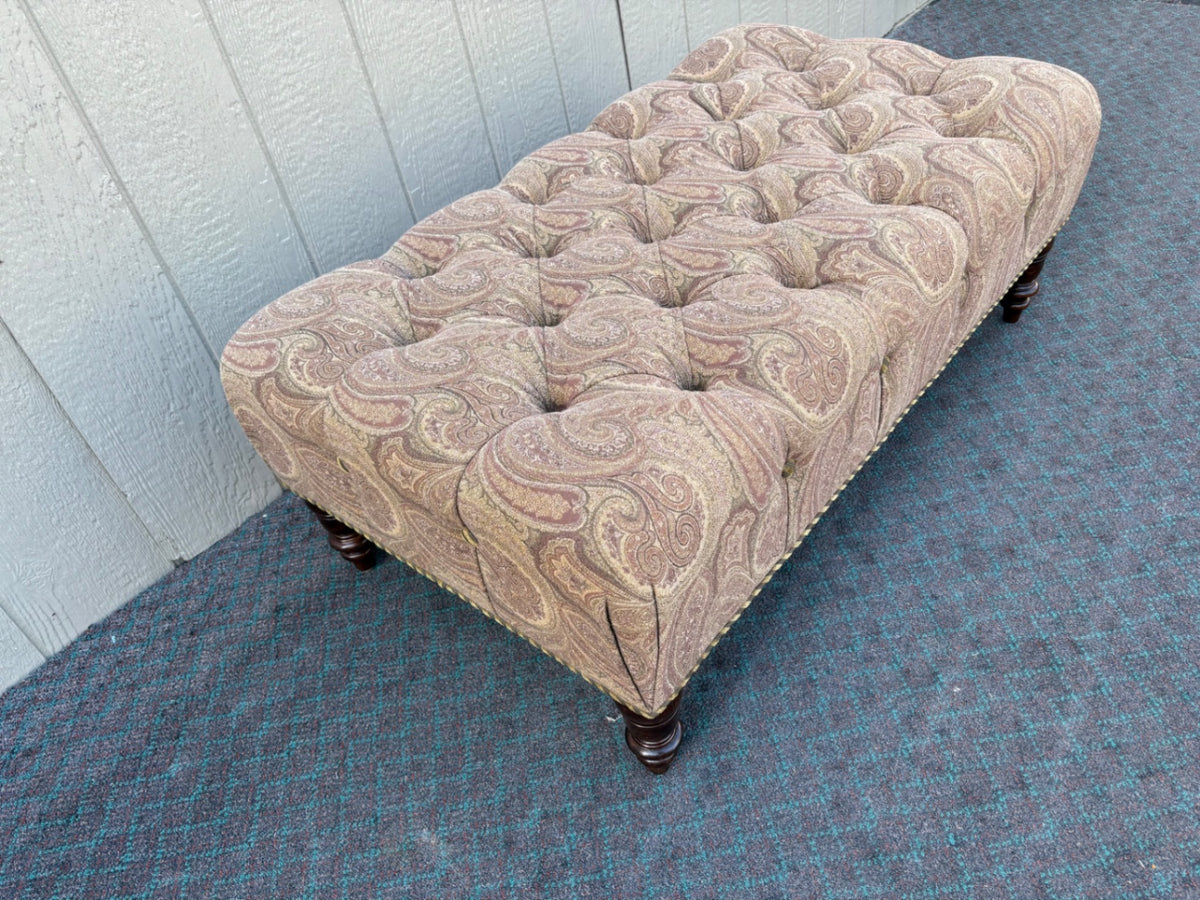 68169 J M Paquet Tufted Ottoman with Paisley Upholstery and Turned Legs