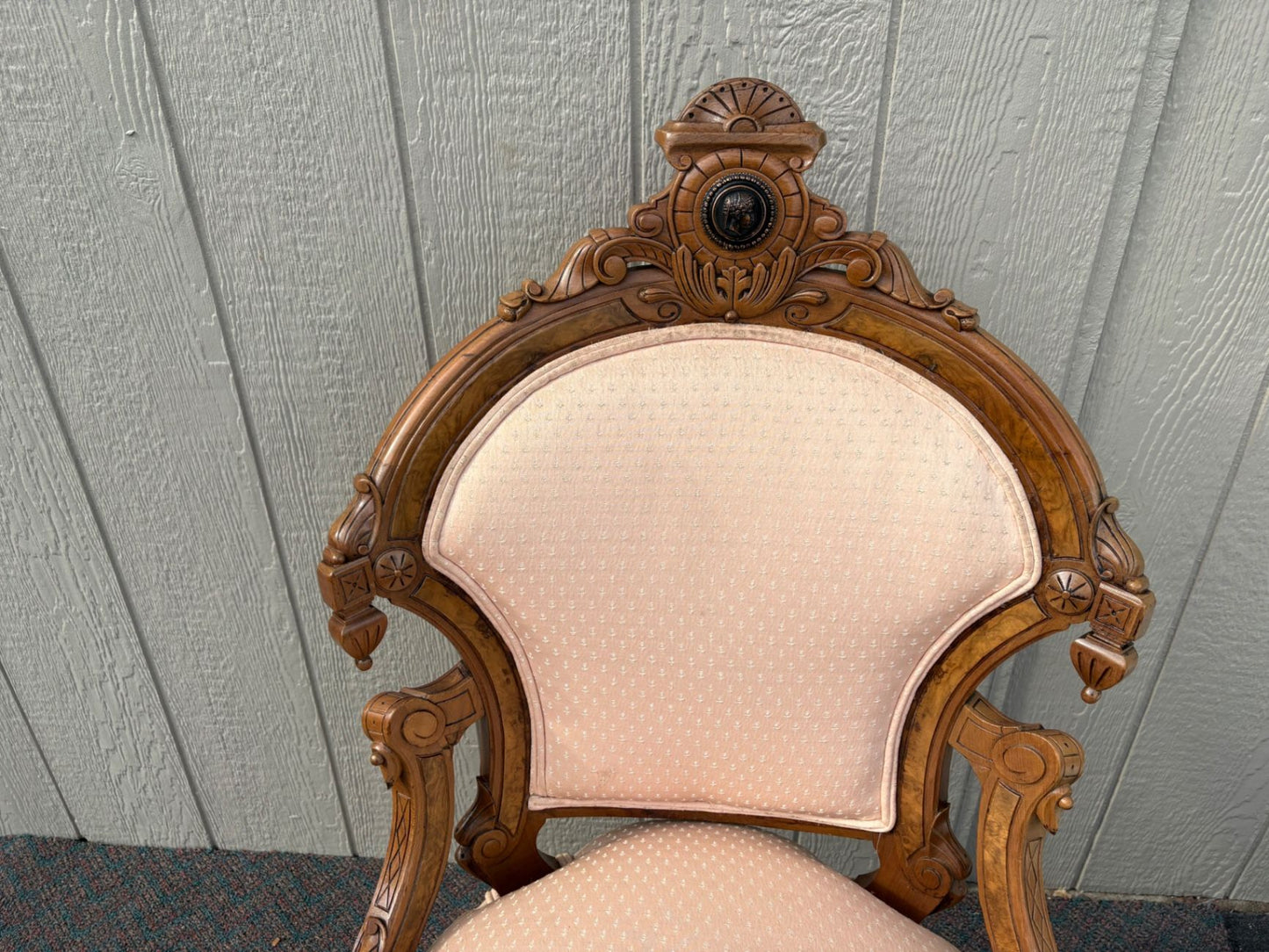 67455  Victorian Carved Walnut Parlor Chair with Pink Upholstery