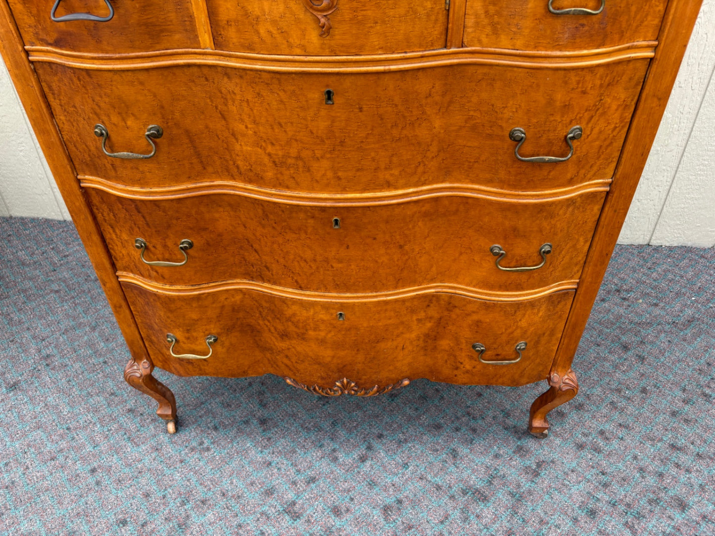 67995 Antique Highboy Dresser with Mirror, 1920s, Burl Wood