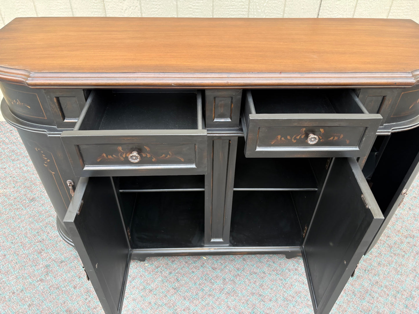 67888 Vintage Italian Style Black Buffet Sideboard with Hand-Painted Details