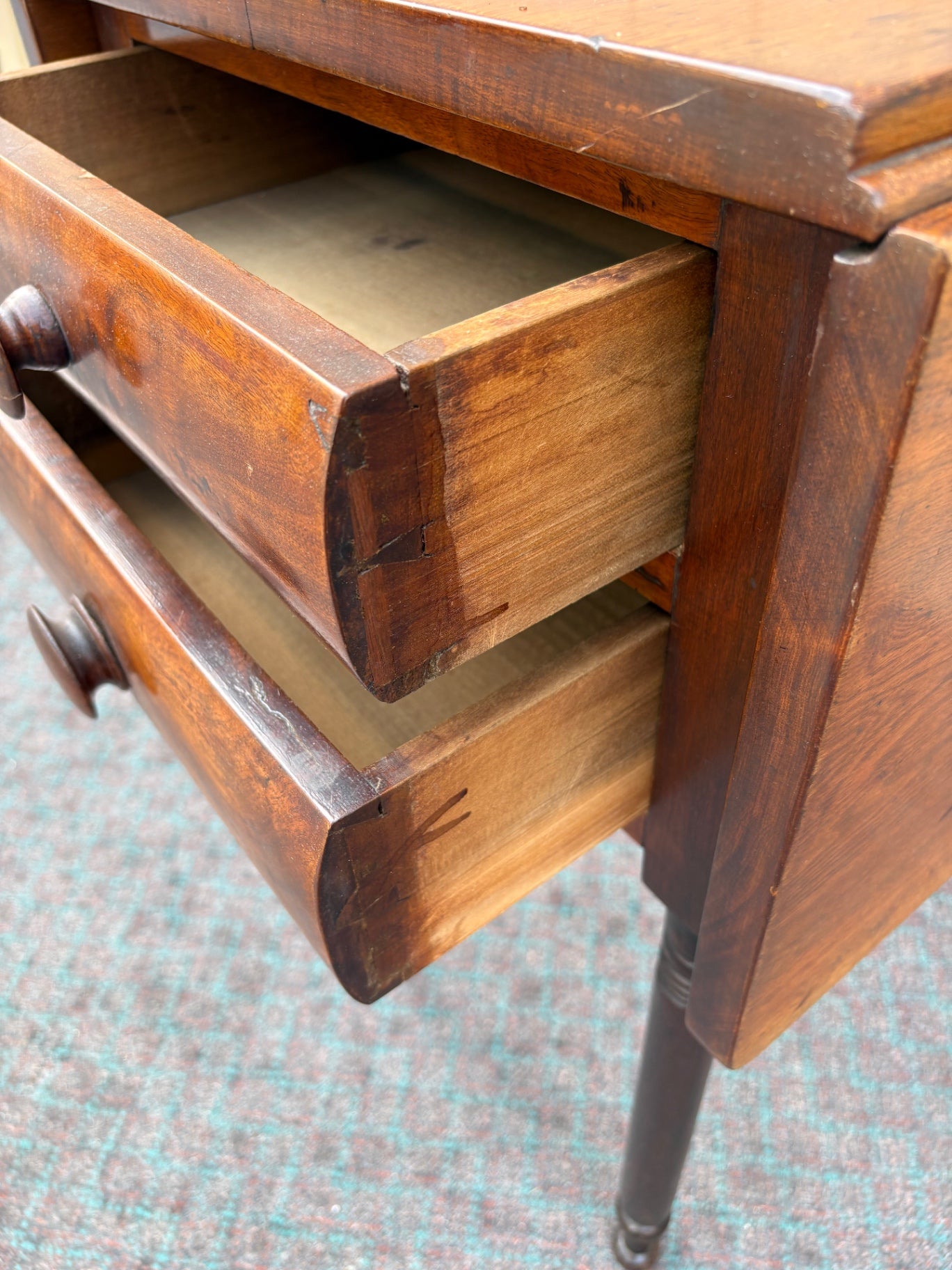 68085  Antique Drop Leaf Side Table with Drawers, Solid Wood