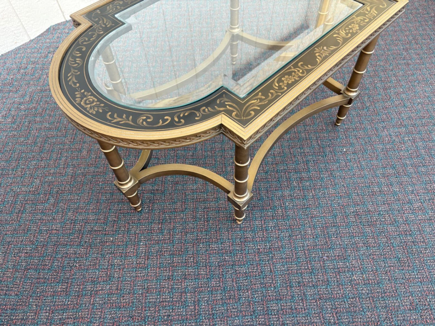 67498  Elegant Vintage Glass Top Coffee Table with Stenciled Design