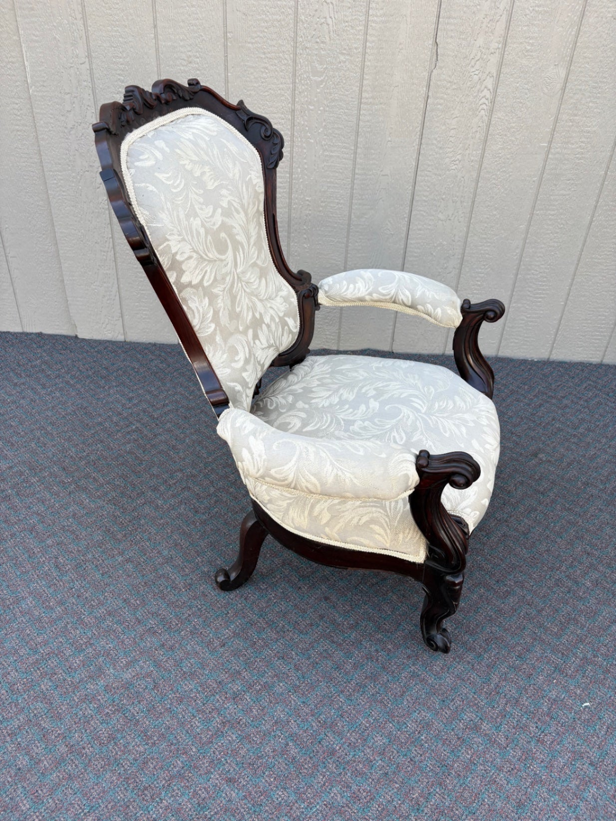 67760 Victorian Armchair with Ornate Carvings and Upholstery