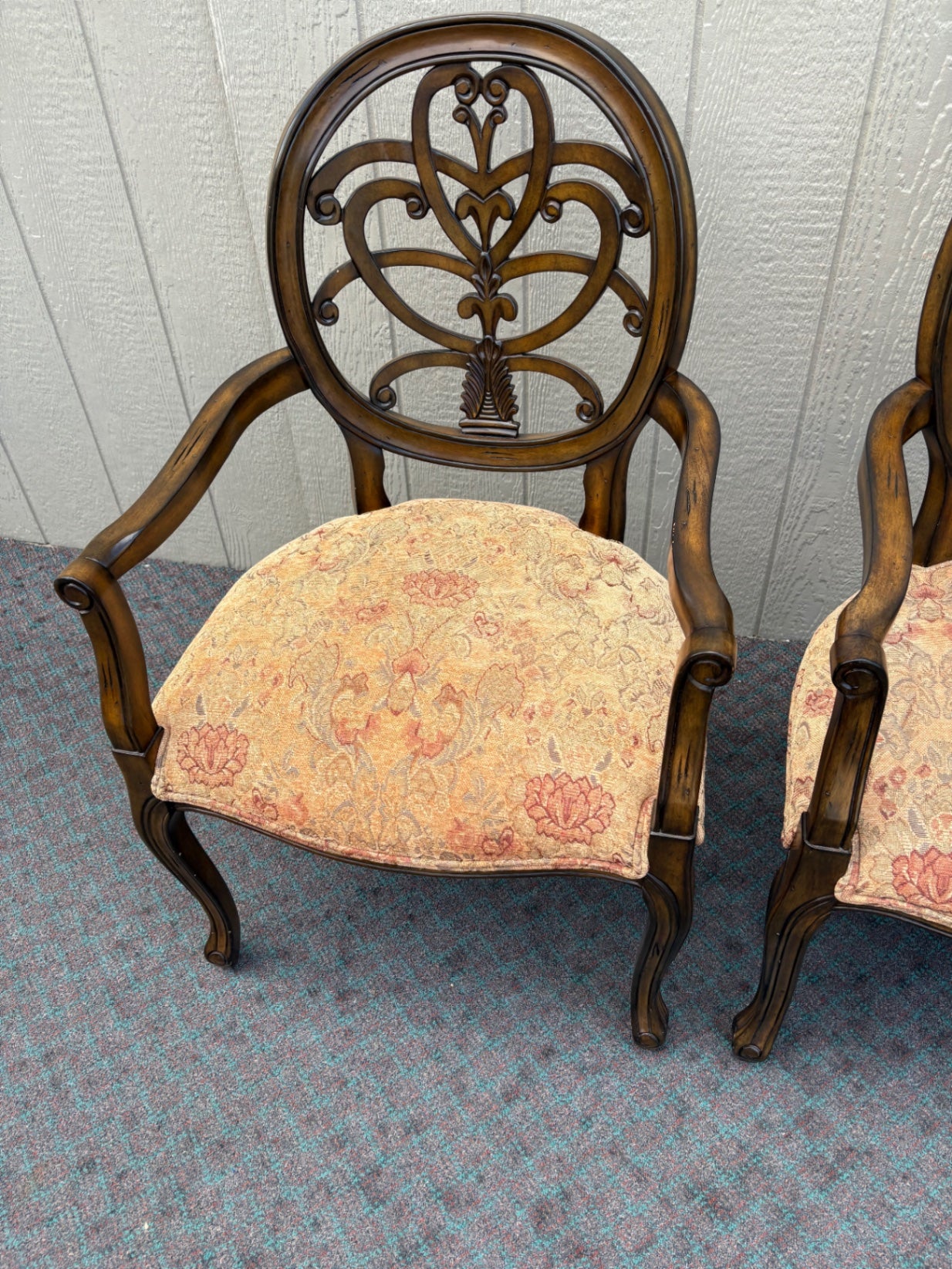 Pair of Carved Wood Armchairs with Upholstered Seats