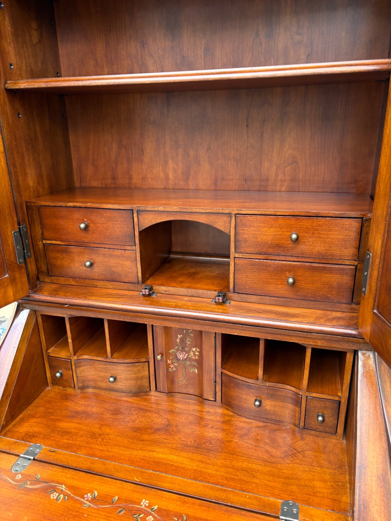 Ethan Allen Hand-Painted Secretary Desk with Hutch, Floral Motif