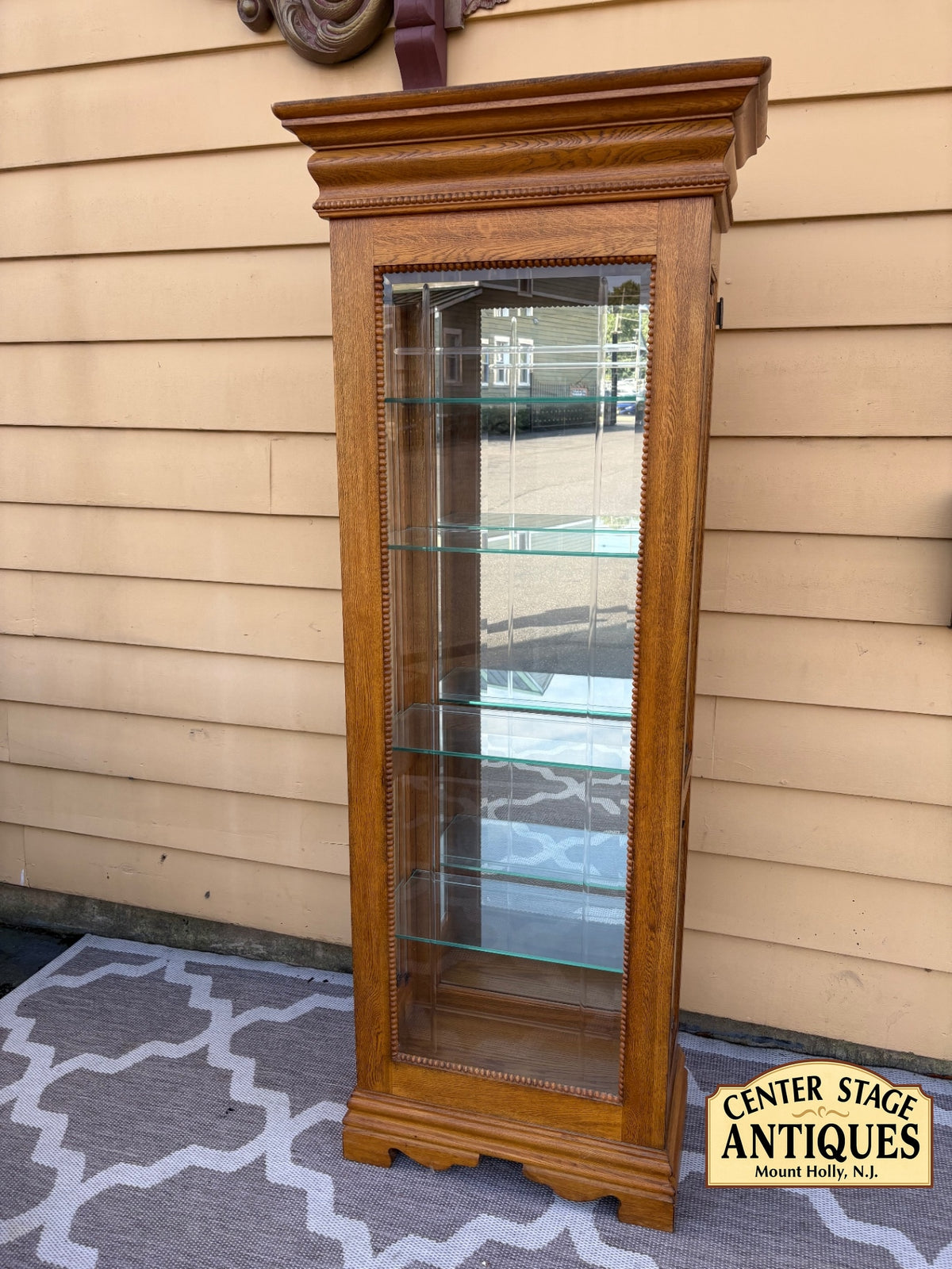 68202  Oak Curio Cabinet with Etched Glass and Crown Molding