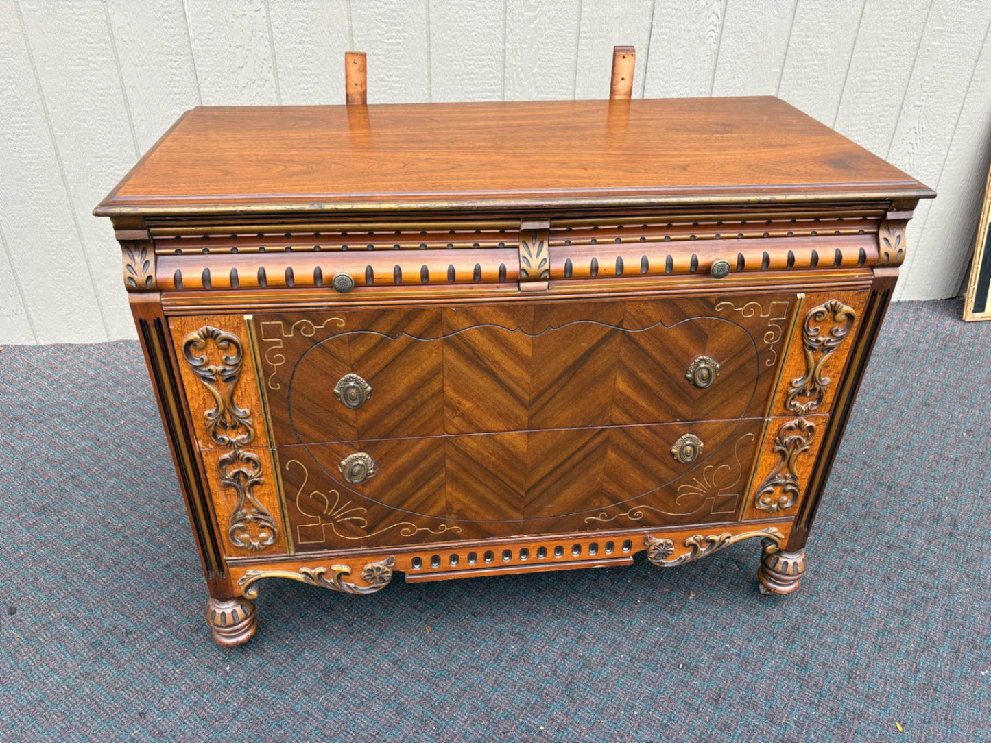 67897  Art Deco Dresser with Ornate Mirror and Intricate Carvings