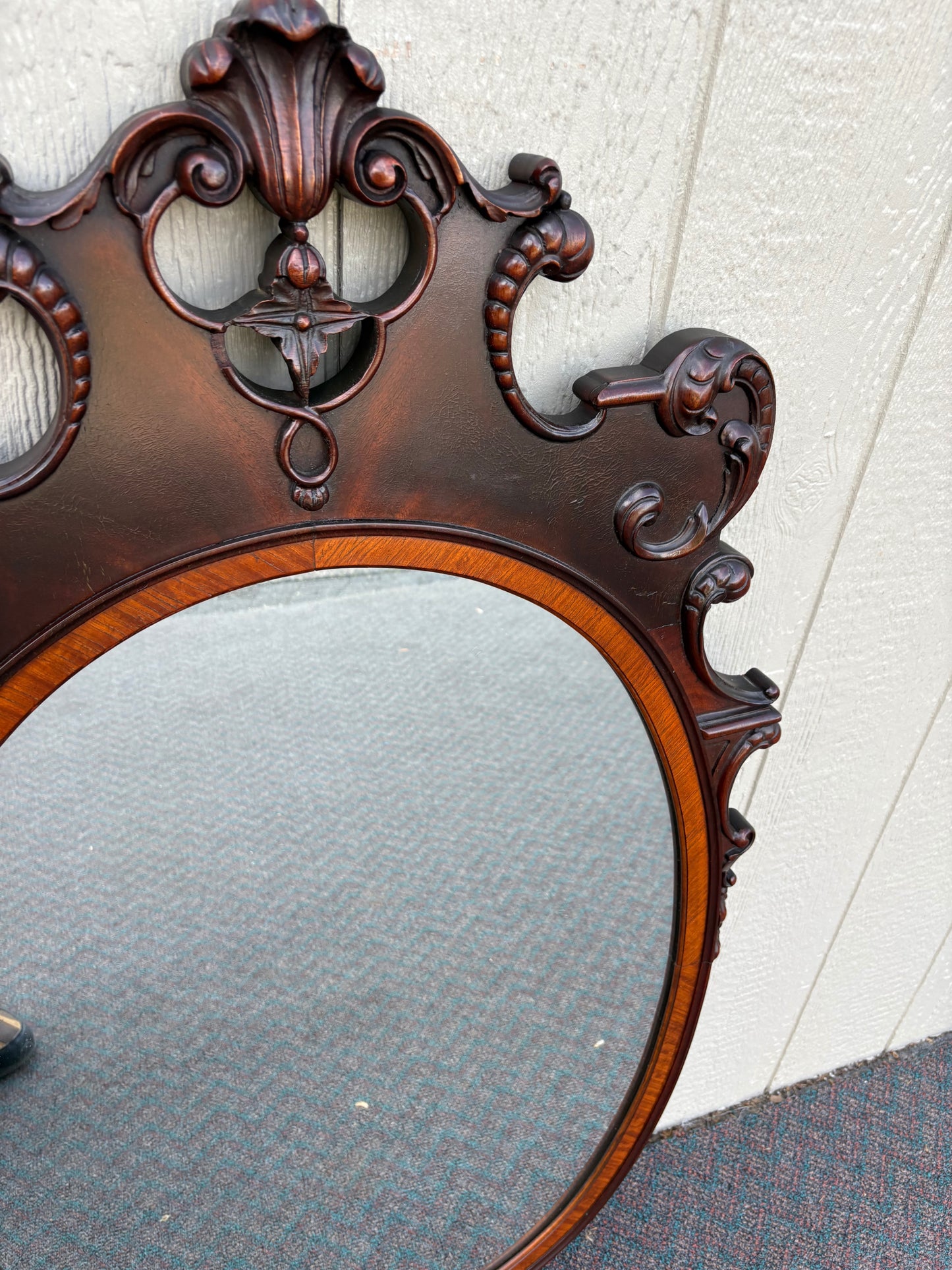 67603 Antique Mahogany Wall Mirror with Ornate Carved Detailing