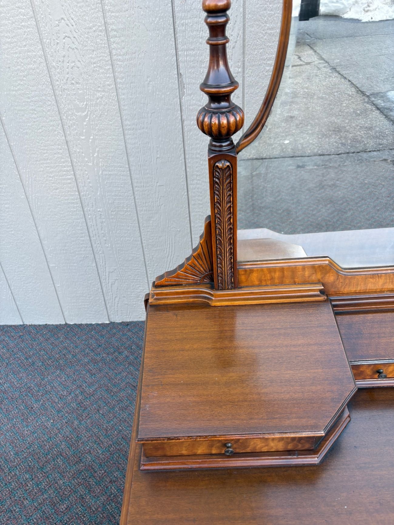 67476  Antique Walnut Vanity with Mirror, Ornate Carving and Drawers