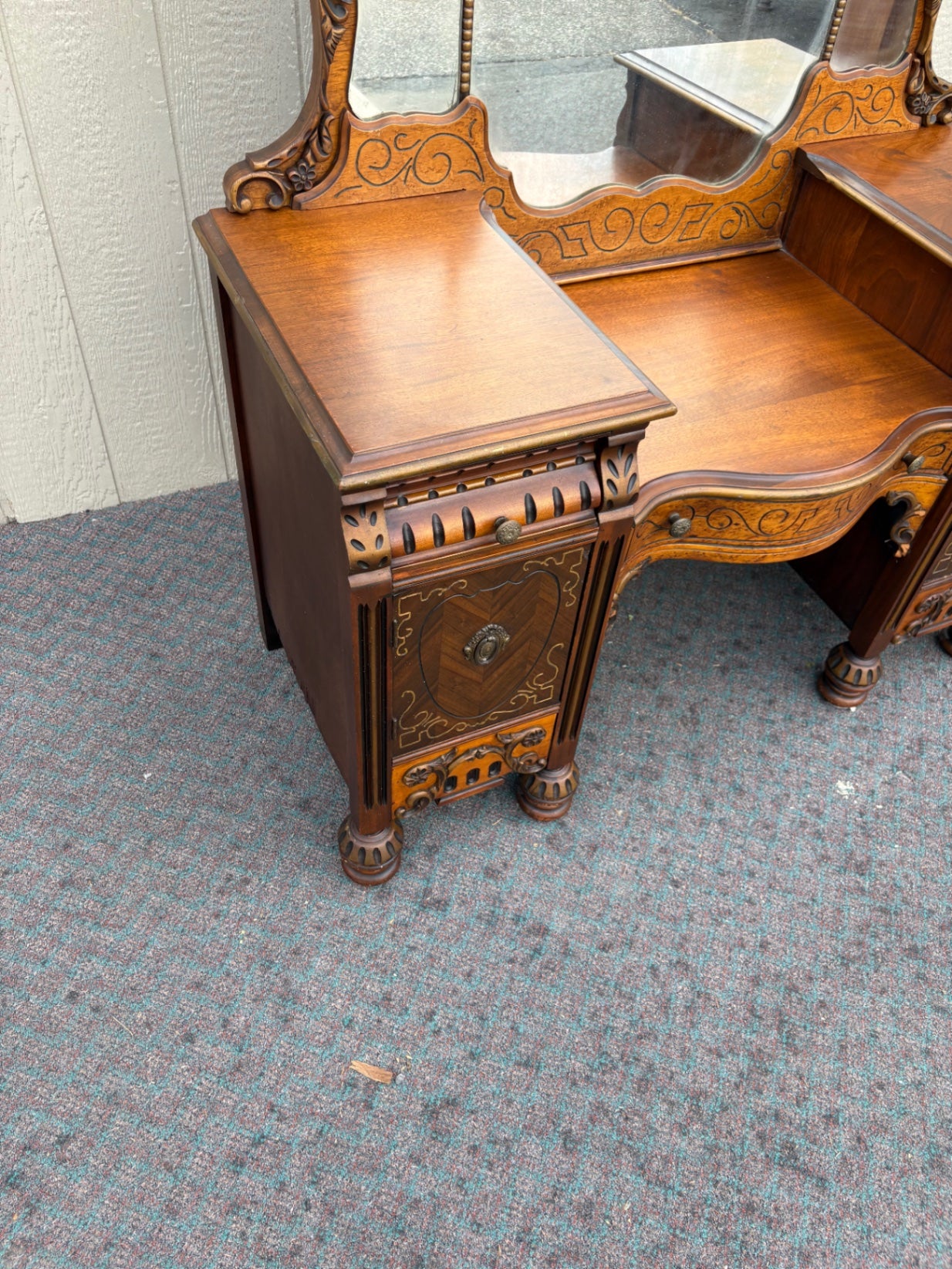67896 Art Deco Vanity with Mirror, Intricate Carvings, Walnut Finish