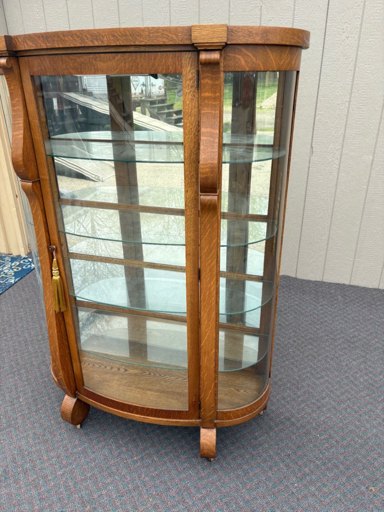 67676 Antique Oak Empire Curved Glass China Cabinet with Shelves