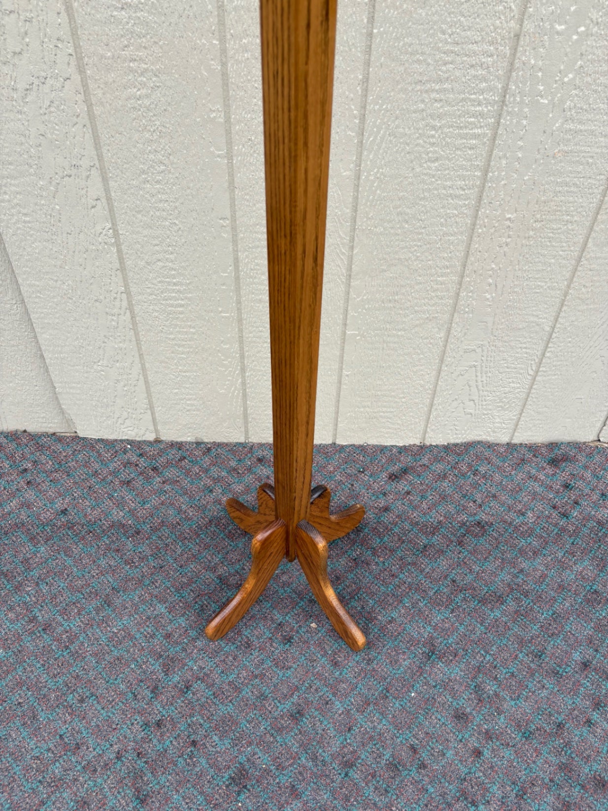 68113  Vintage Oak Coat Tree with Brass Hooks and Ceramic Accents