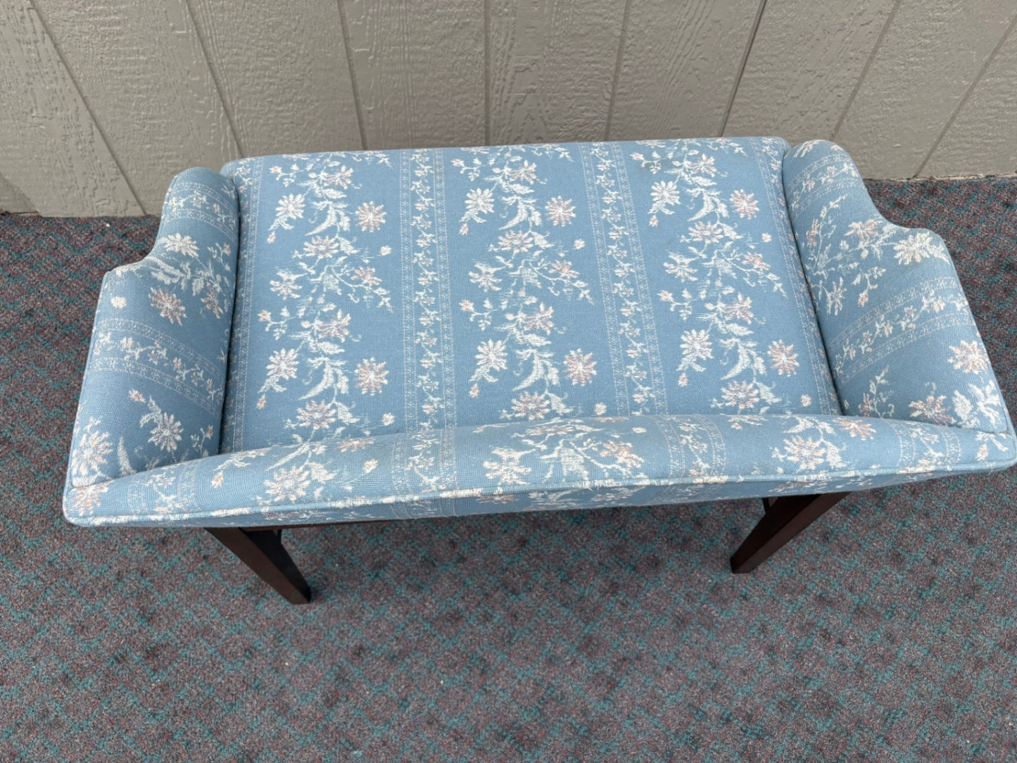 Vintage Carved Mahogany Vanity Bench with Blue Floral Upholstery