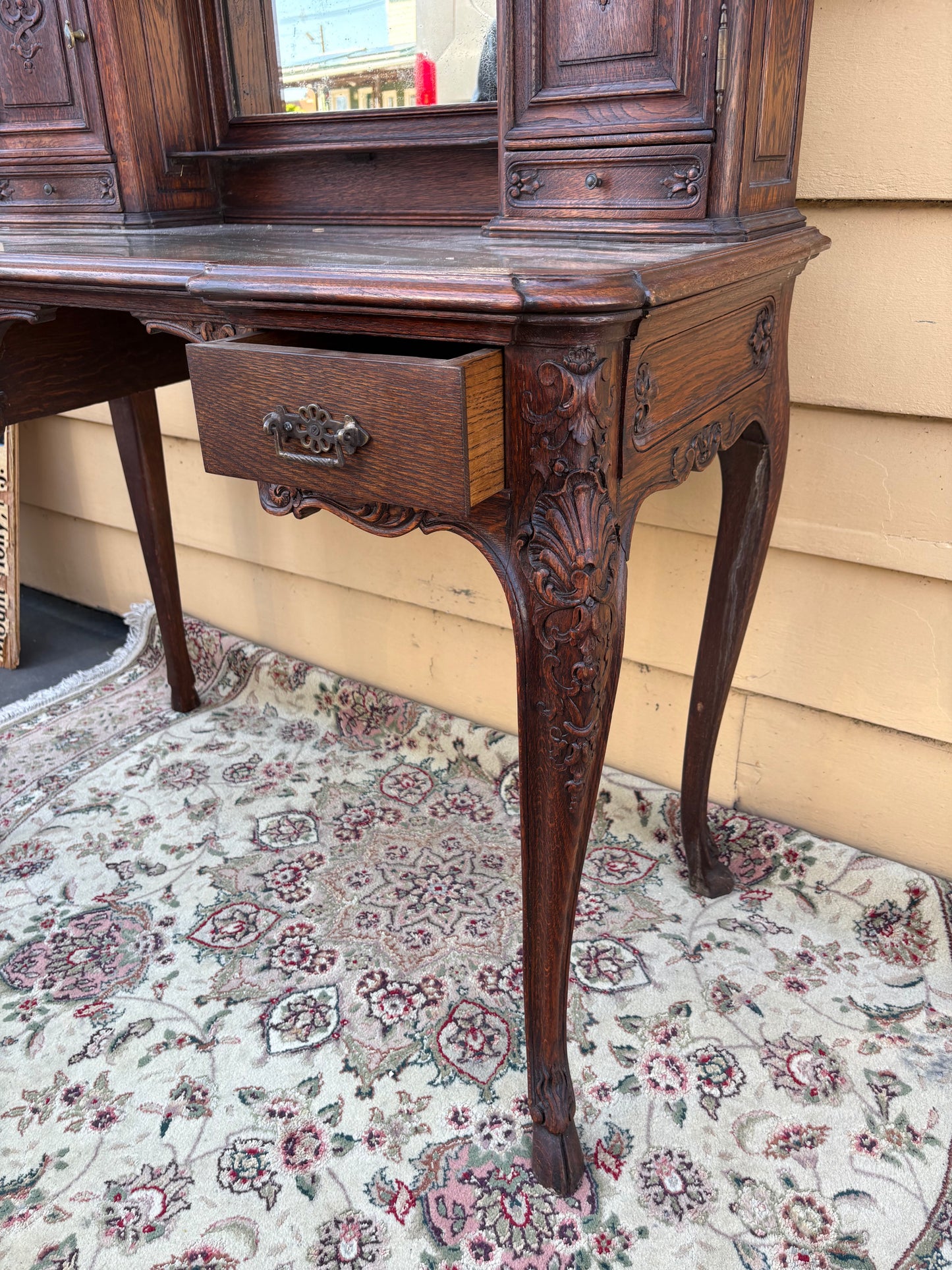 67783 Antique French Louis XV Style Oak Writing Desk with Mirror