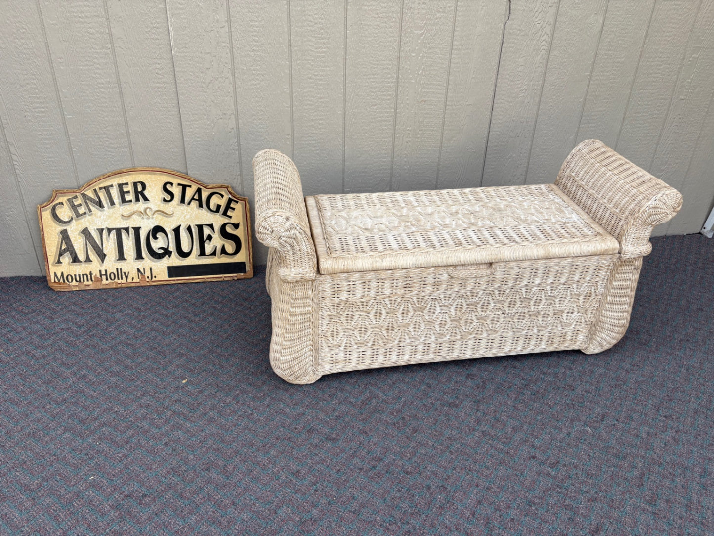 67851 Vintage Wicker Storage Trunk with Rolled Arms and Hinged Lid