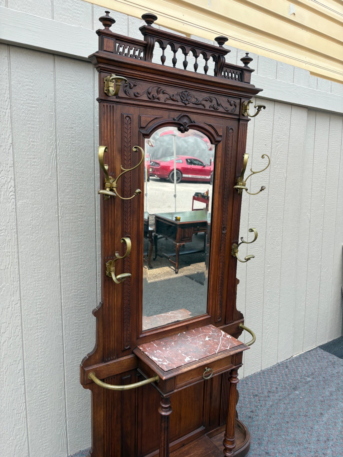 67570 Victorian Hall Tree Hatrack with Mirror and Marble Shelf