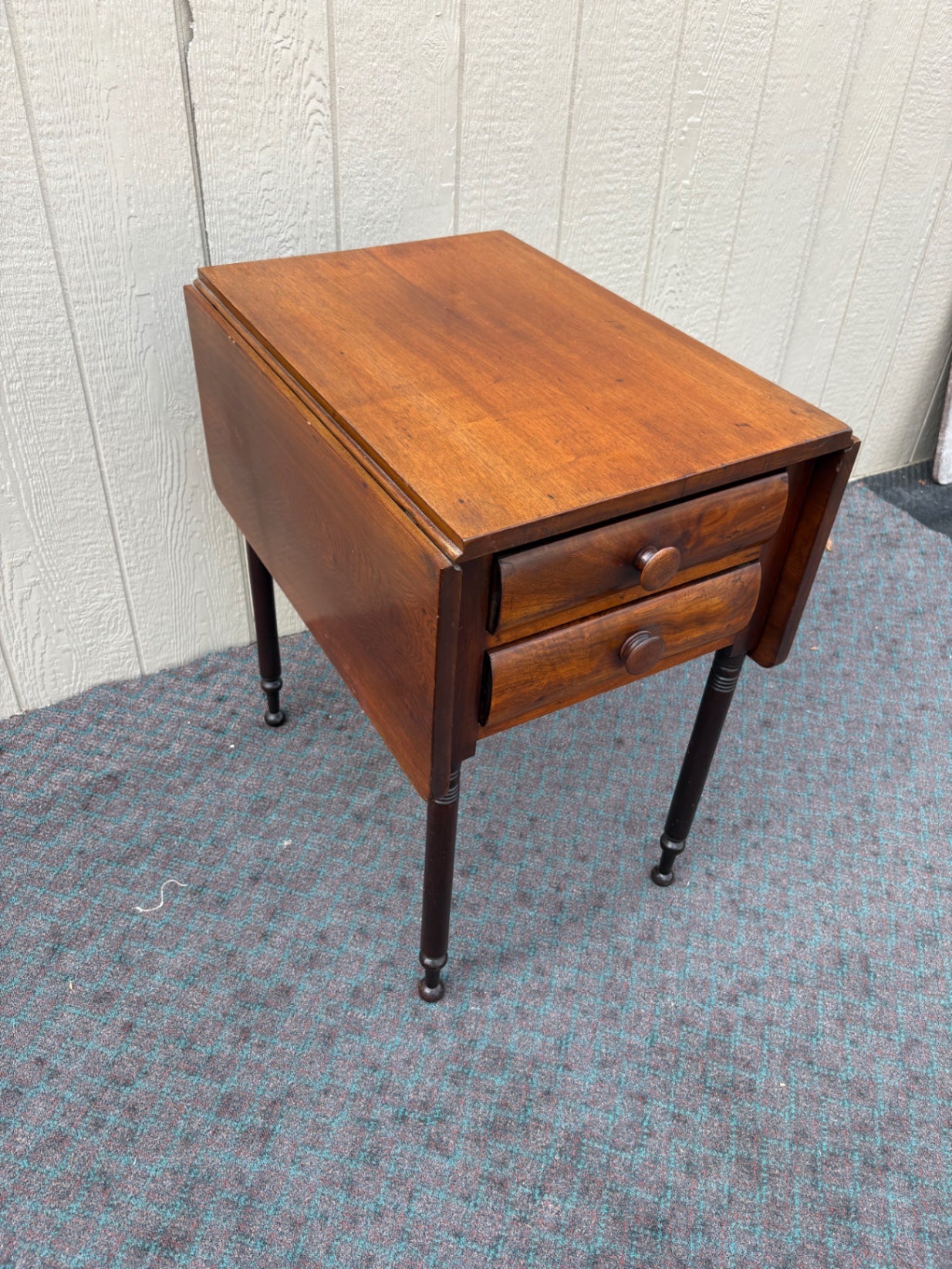 68085  Antique Drop Leaf Side Table with Drawers, Solid Wood