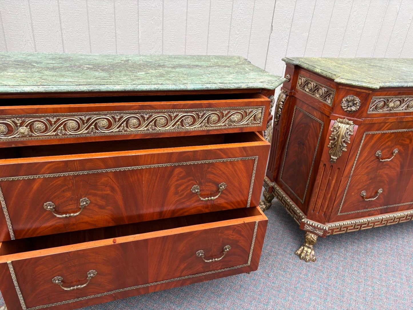 67522 Neoclassical Mahogany and Green Marble Top Sideboard