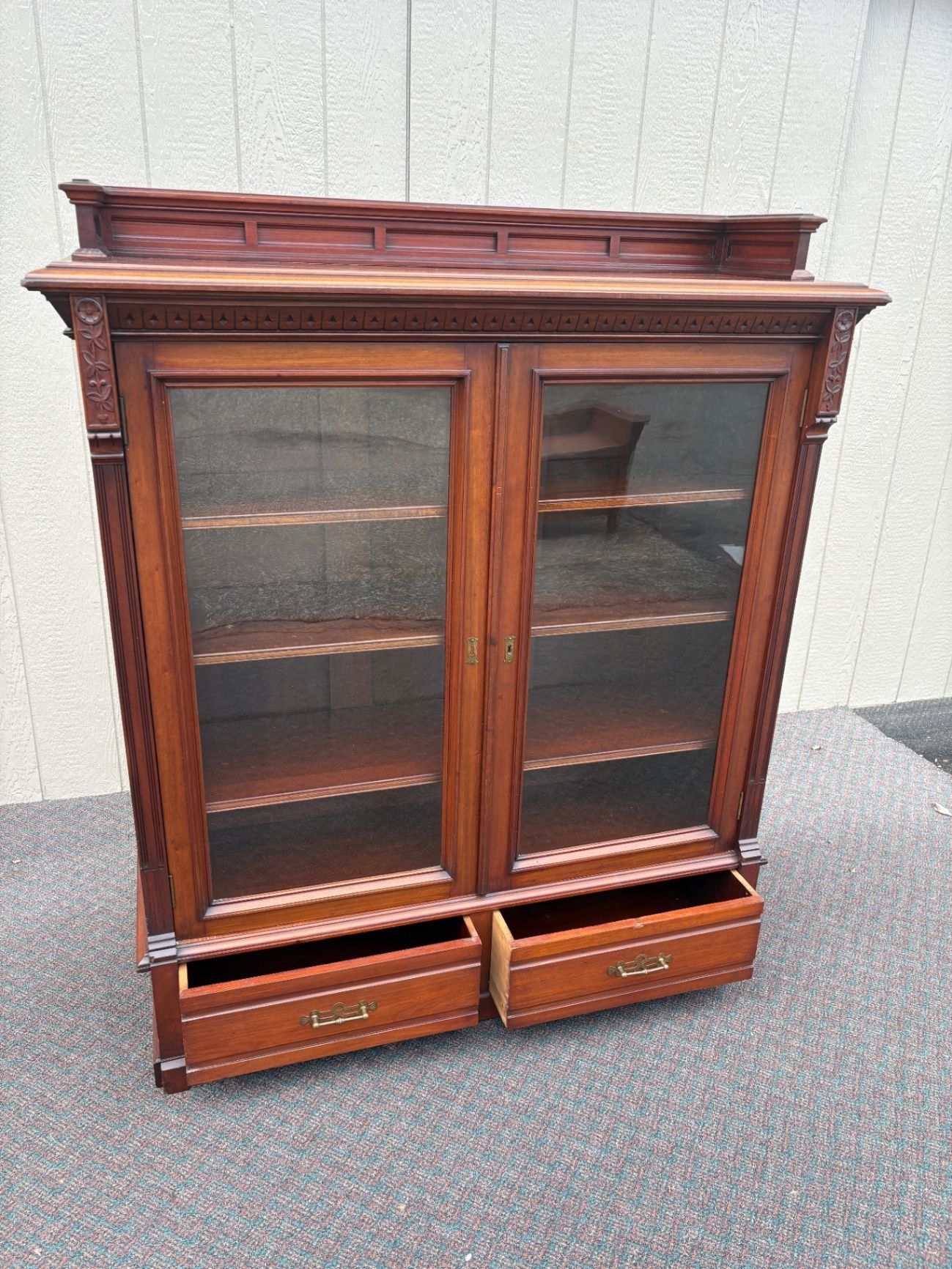 67568 Victorian Walnut Bookcase with Glass Doors and Drawers
