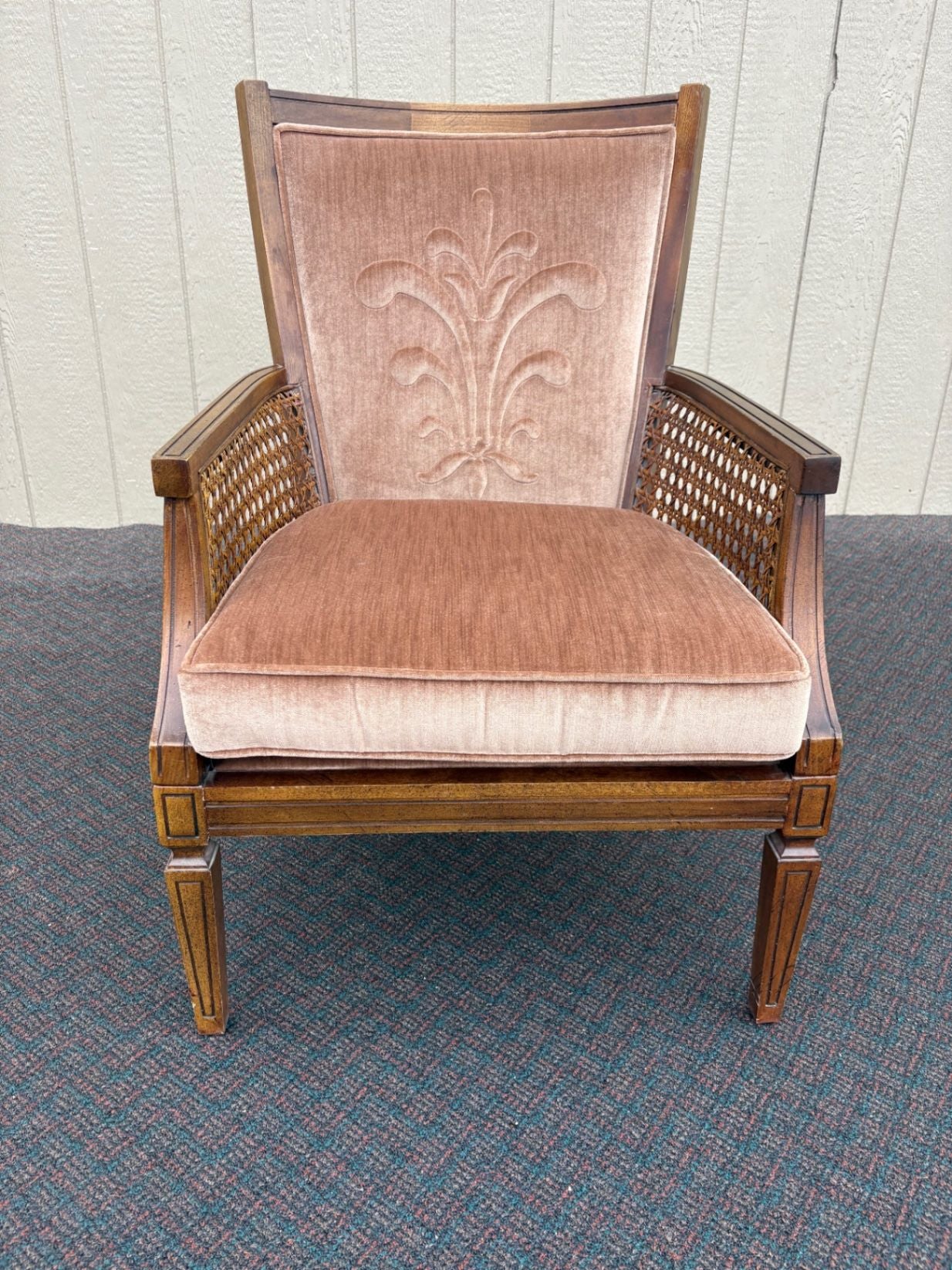 67510 Mid-Century Modern Cane Back Armchair with Velour Upholstery