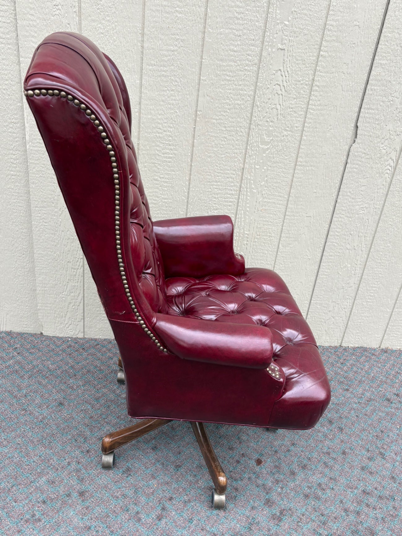67868  Vintage Burgundy Leather Tufted Swivel Office Chair with Nailhead Trim