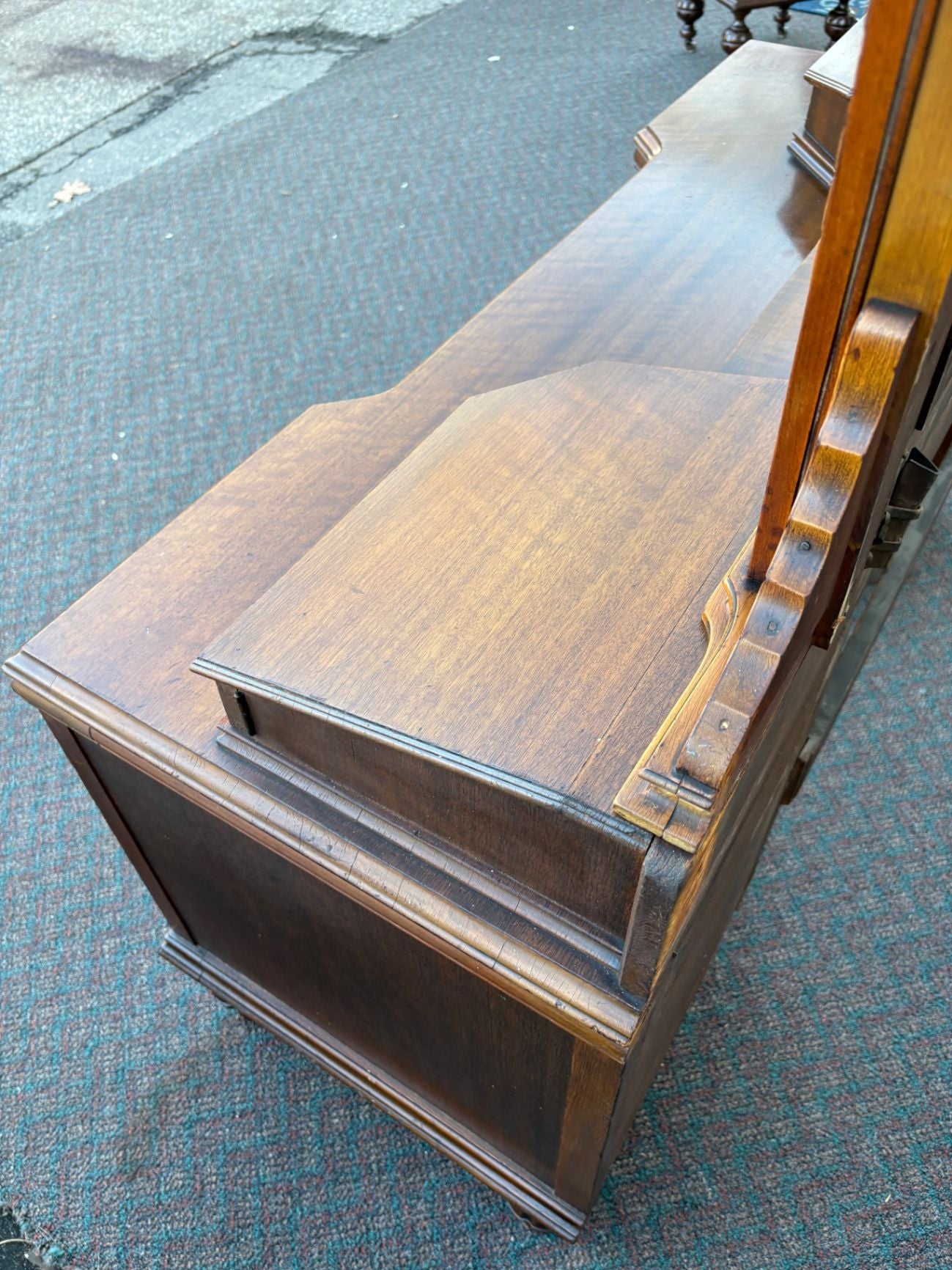67476  Antique Walnut Vanity with Mirror, Ornate Carving and Drawers