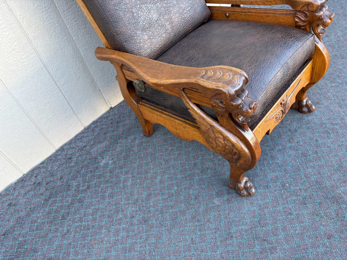 68007  Victorian Oak Morris Chair with Gryphon Carvings and Leather Upholstery